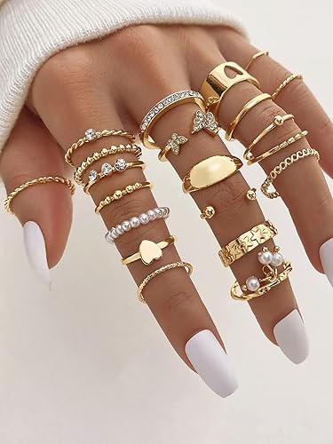 Miniatura 4 de 17IF Juego de 21 anillos dorados vintage para nudillos, anillo de dedo de cristal bohemio, anillo estético con perlas brillantes y mariposas, anillo