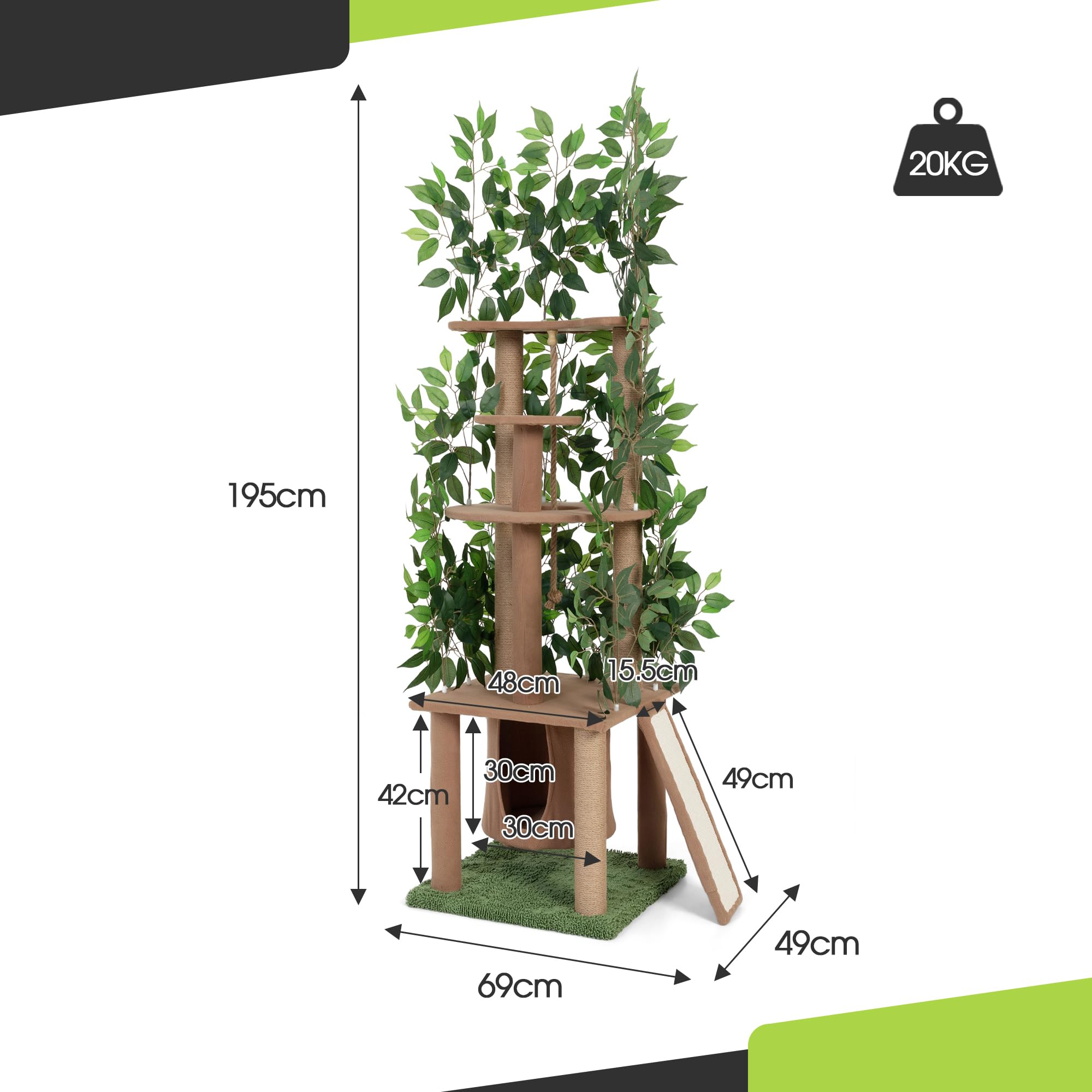Ultra-haut arbre à chat à 5 niveaux (195 cm) - arbre à gratter en bois naturel avec plantes vertes artificielles, polyvalent pour le plaisir naturel de grimper