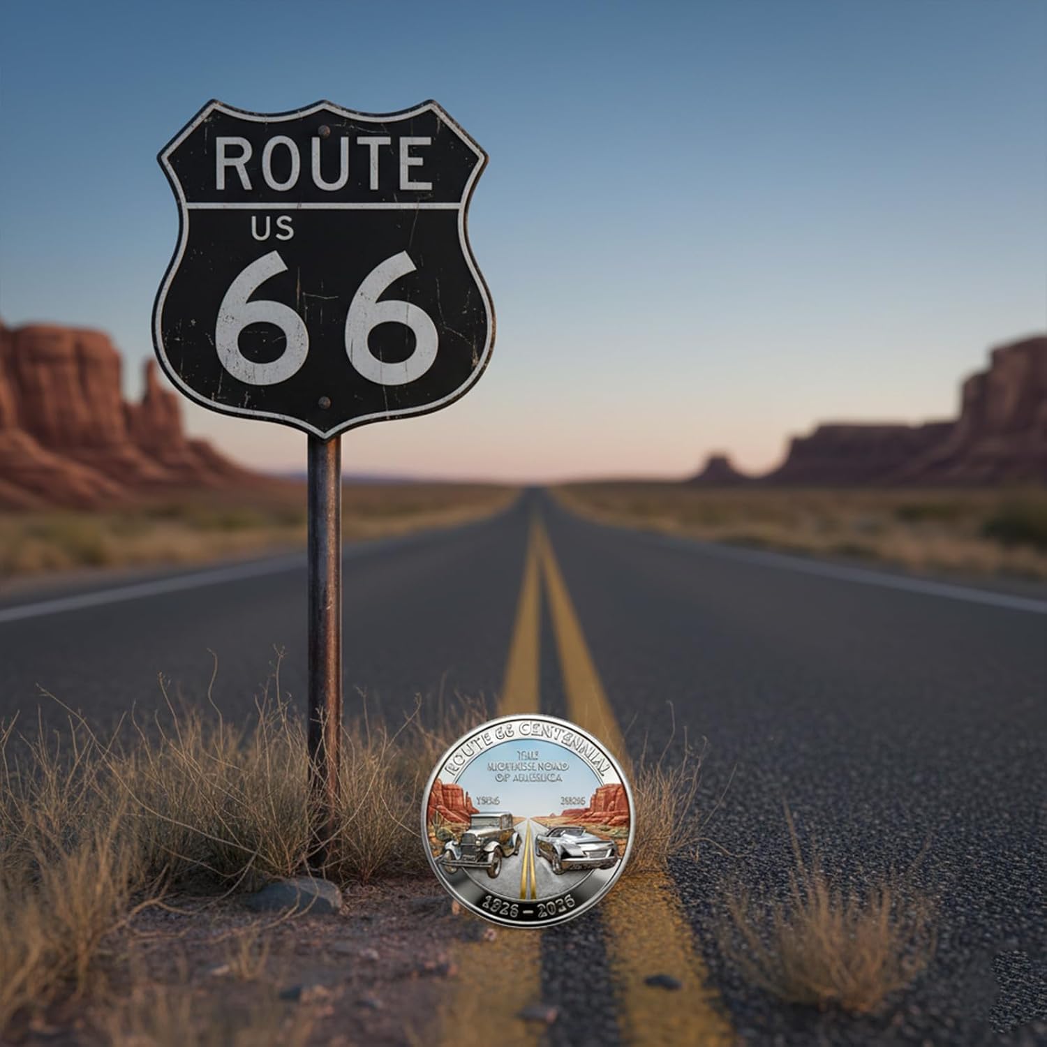 Route 66 – 100 Years of Freedom Commemorative Coin, 1926-2026 100th Anniversary of The America's Mother Road Challenge Coin, Gift for Motorcycle Car (2 PCS)