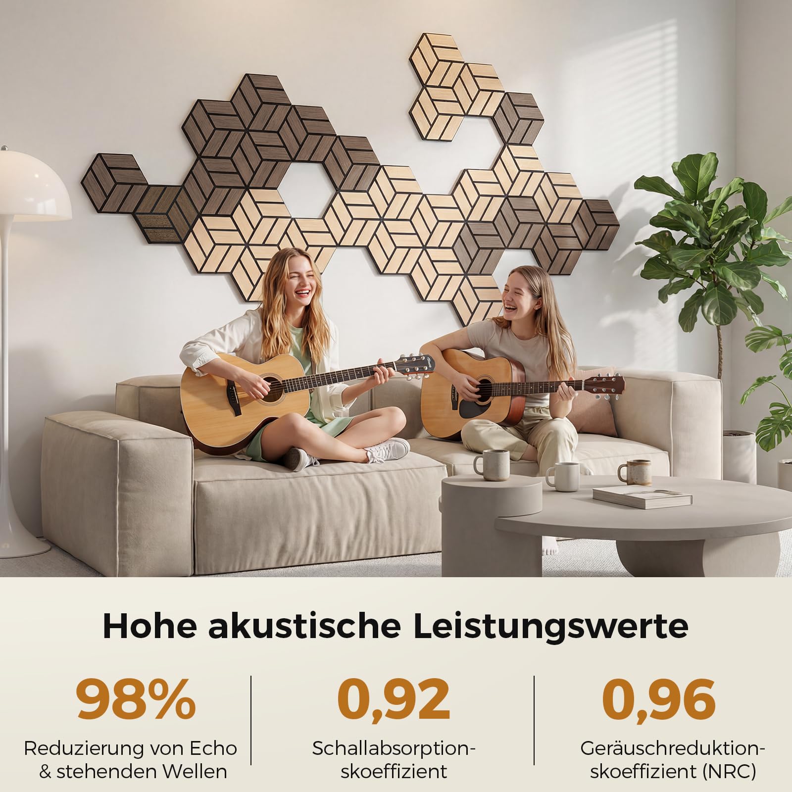 12 Stück Hexagon Akustikplatten Selbstklebend, 30 x 26 x 0,9 cm Hohe Dichte schallabsorber wand, Schallschutzplatten für Studio, Büro, Akustische Behandlung und Gaming deko, Walnuss