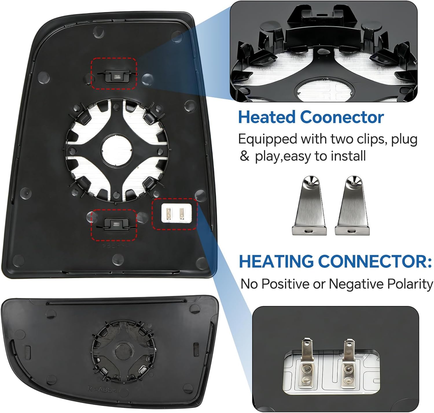 Driver Left Side Upper & Lower Mirror Glass for Ford Transit 150 250 350 2015-2023 MK8 (A Pair) -Heated Replacement with Backing Plate & 2 Clips