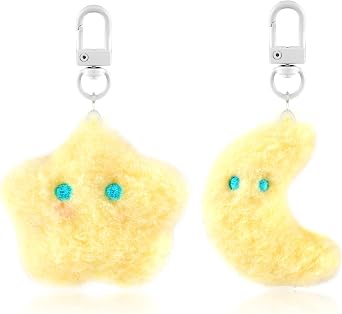 2Pcs Star Moon Keychain for Women Girls Cute Plush Keychain Kawaii Yellow Star Moon Keyring for Handbag Backpack Charms Aesthetic Purse Bag Wallet Charms Car Accessories Birthday Christmas Gift