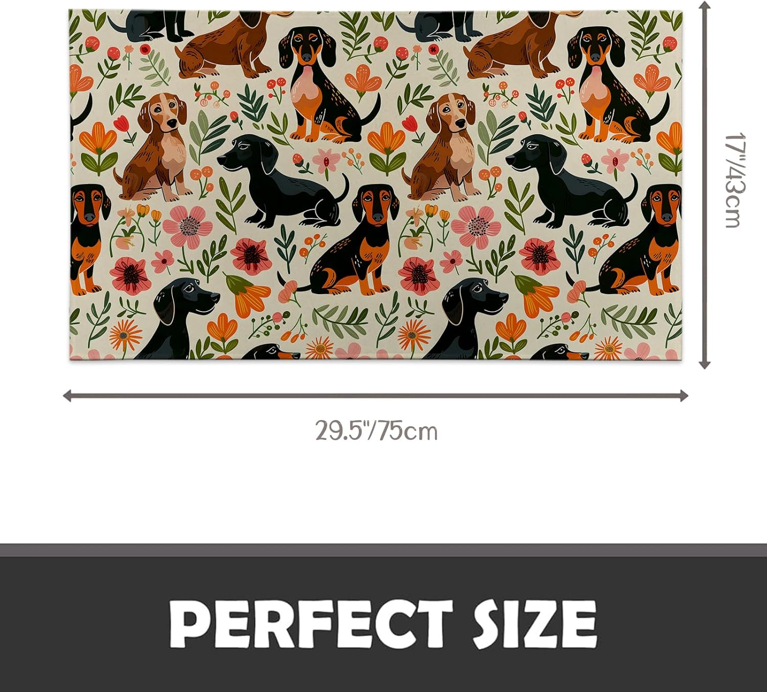 Playful Dachshunds Indoor Door Mat, 17x29.5 Inch, Floor Area Rug for Entryway, Living Room, or Bathroom, Non-Slip Doormat, Cute Dachshund and Floral Design Home Decor Rug Gifts