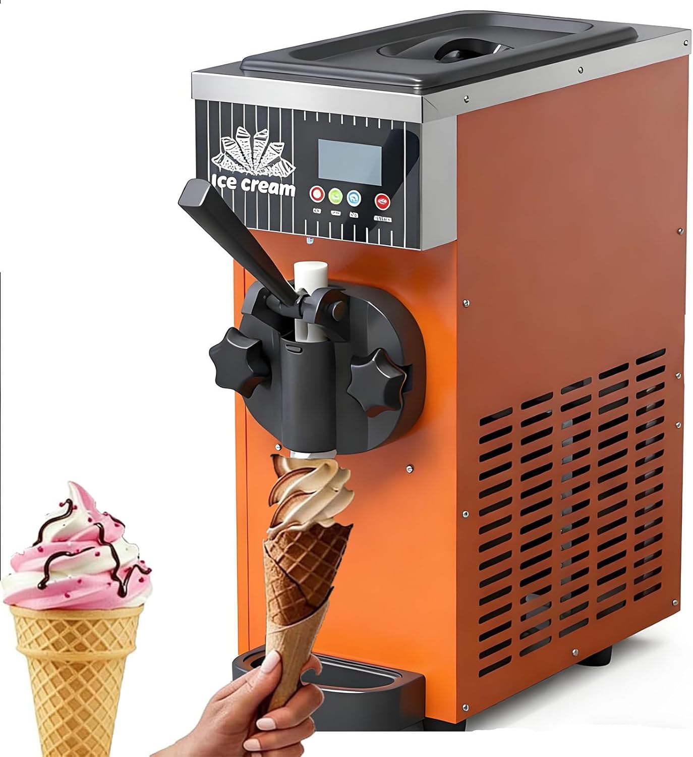Soft Serve Ice Cream Maker with Single Control,Commercial Ice Cream Machine,450W Single Flavor Commercial Soft Ice Cream Maker,Self Cleaning,High Productivity Orange