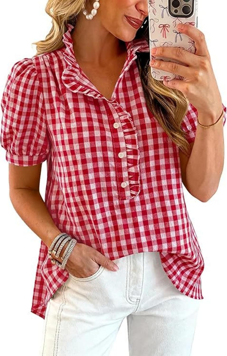 MINTLIMIT Womens Plaid Blouse Peasant Button Down Ruffle Neck Plaid Puff Short Sleeve Gingham Blouse Shirts