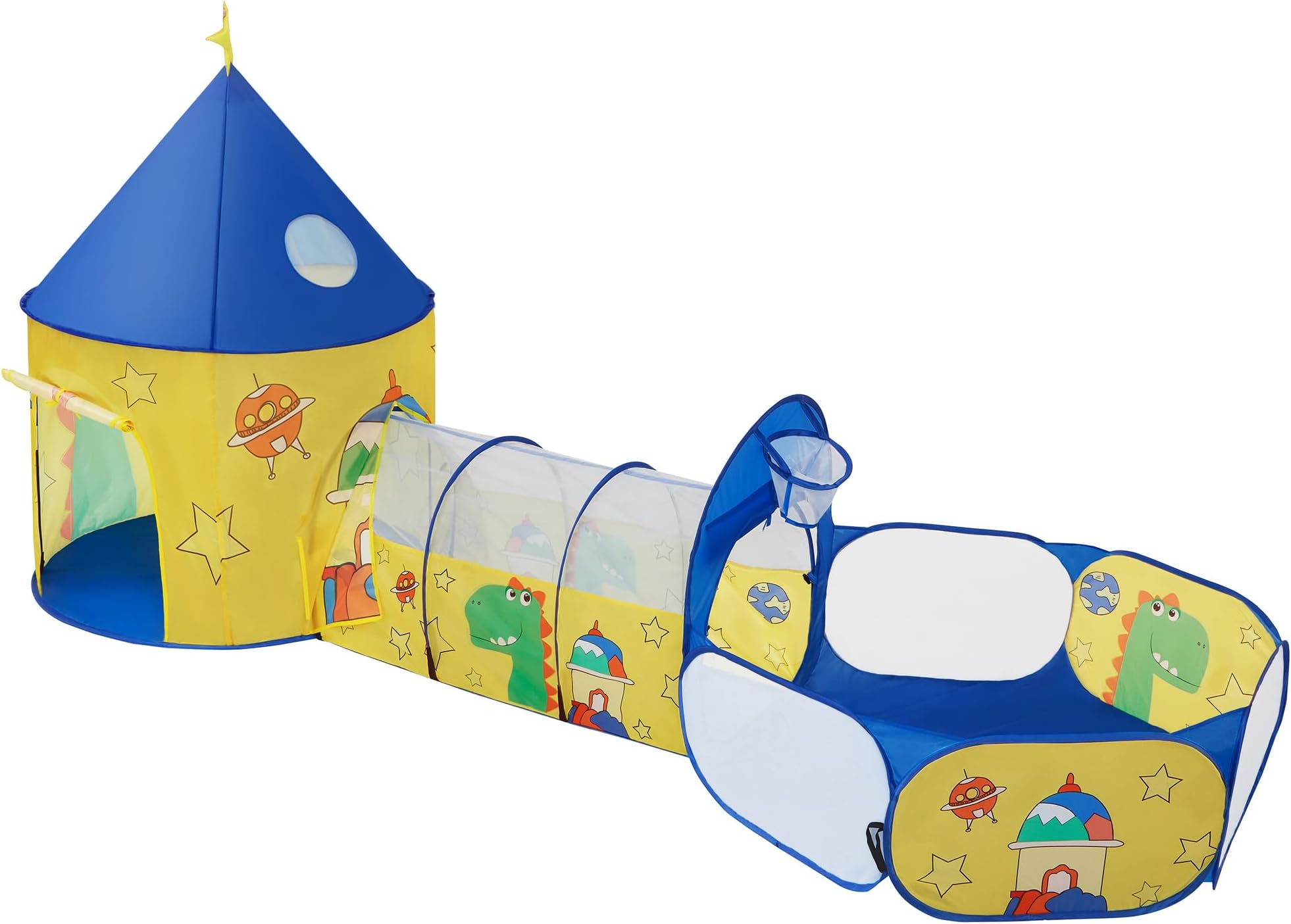 SONGMICS 3-in-1 Kids Play Tent, Tunnel, Ball Pit Playground, for Boys, Girls and Toddlers, Children's Pop-Up Rocket Tent, Indoor or Outdoor Use, Gift Idea, Birthday Party, Yellow and Blue LPT702Y01