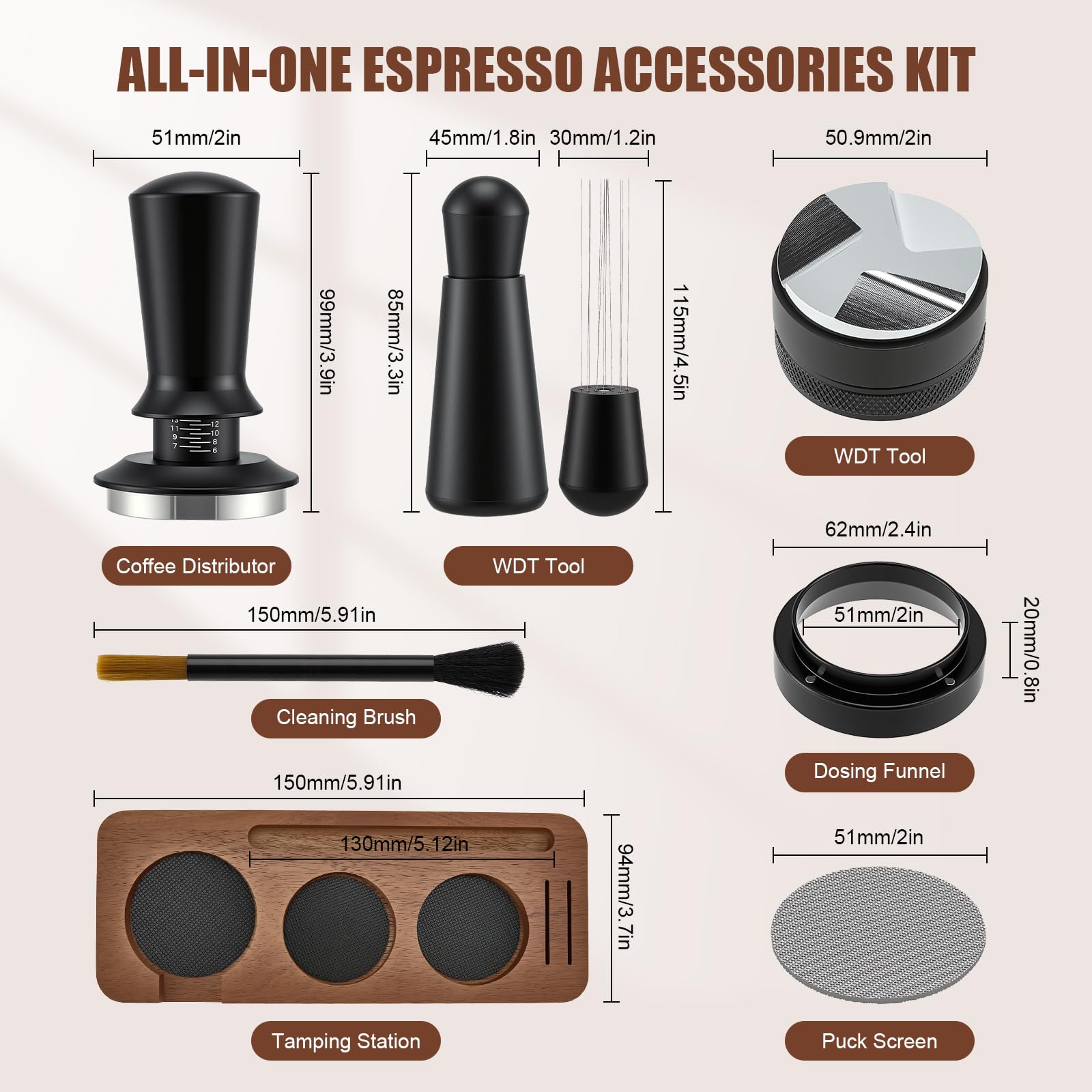Kit Barista Caffè 7 Pezzi, Tamper 51mm Stazione di Pressatura, Distributore per Caffè, Strumento WDT, Anello Dosatore Magnetico, Filtro Puck, Spazzola Set Accessori per Macchina Espresso Portafiltro