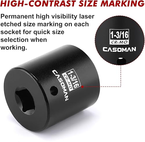 Miniatura 171 de CASOMAN 1/2" Drive x 1.417 in Deep 12 PT Socket Impacto, CR-MO, 1/2" Drive 12 Point Axle Nut Socket para una fácil extracción de las tuercas del eje