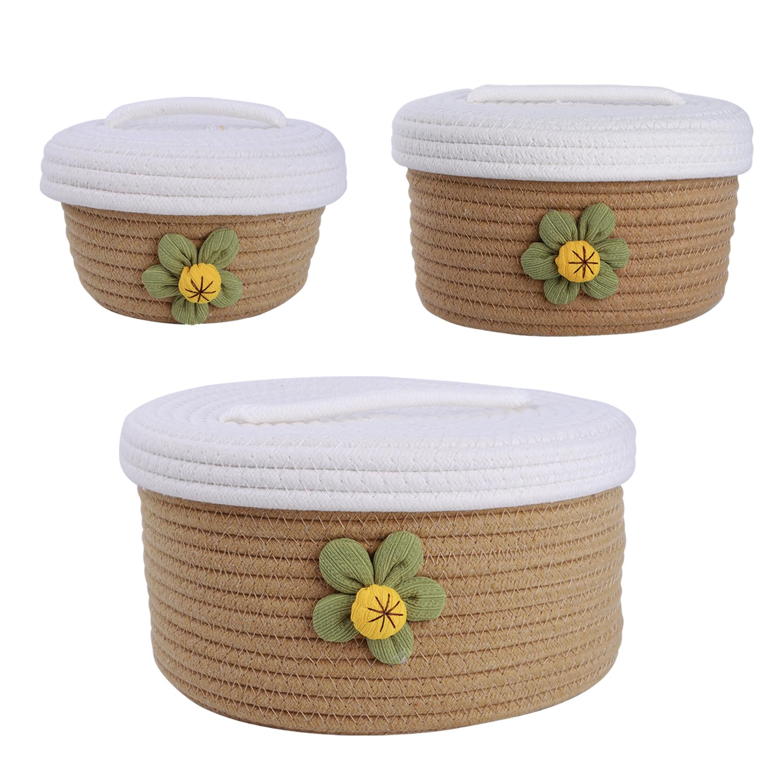 A Set of Three Large Covered Storage Baskets, Handmade Woven Fresh Style Desktop Decoration, Organizing Household Miscellaneous Items