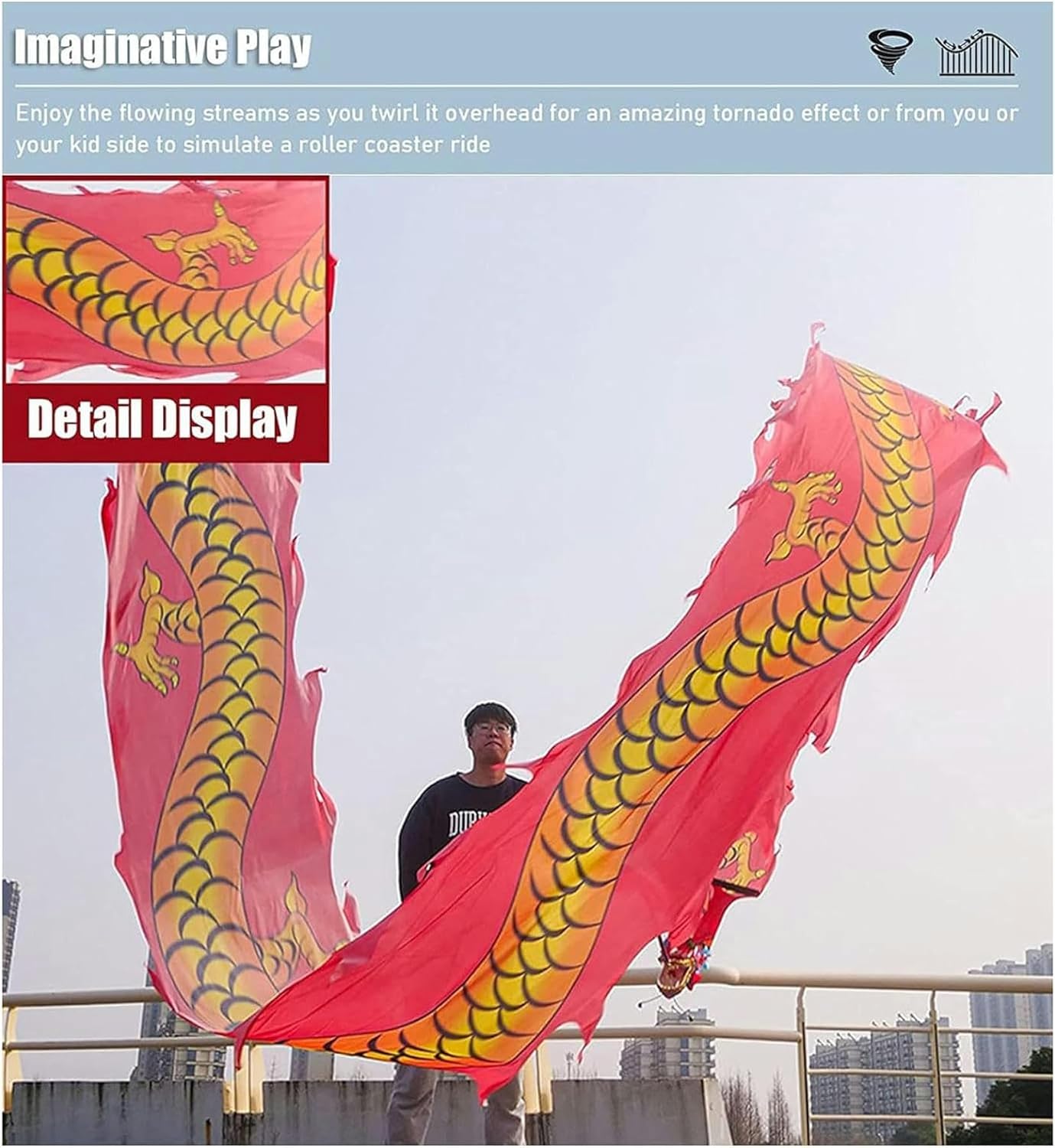 Shaking Dragon Dance Ribbon with Dragon Head, Silk Flowy Shaking Outdoor Flinging Fitness Dragon Dance for Kids & Adults