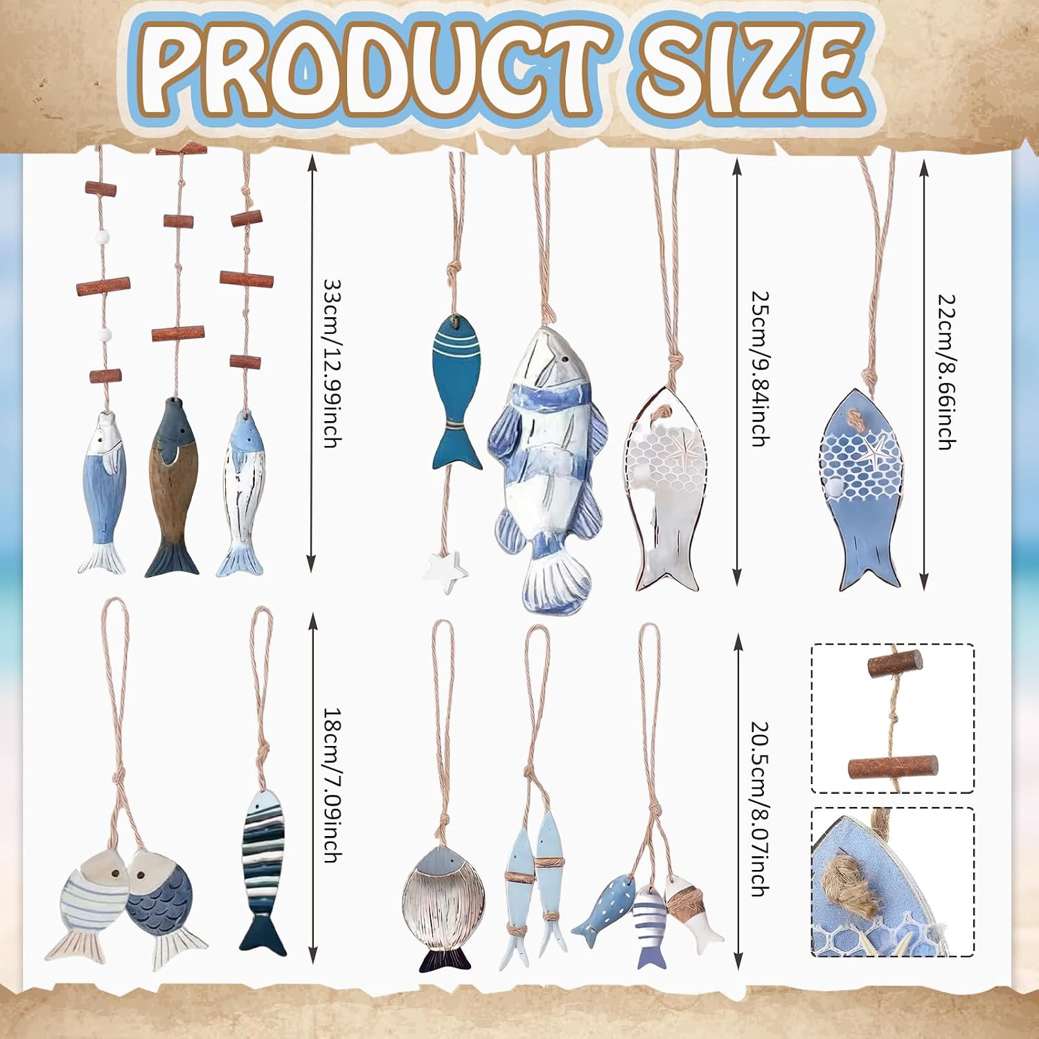 Thyle 12 Pcs Summer Wooden Fish Hanging Wall Decor School of Fish Wall Art Nautical Rustic Beach Coastal Ocean Theme Decor Fishing Wood Sculpture Hanging Sign for Home Lake House Bathroom Bedroom