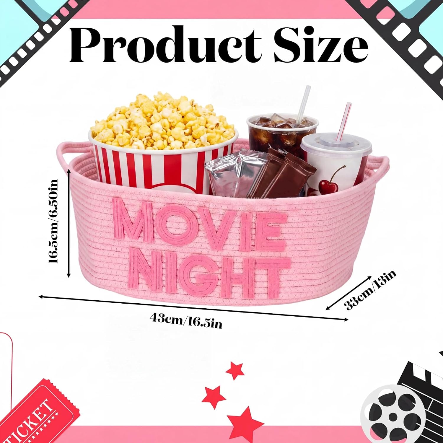 Movie Night Gift Basket with Handles, Cotton Rope Storage Snack Tray | 17"x13"x7" Woven Storage Popcorn Container Large Snack Basket for Movie Night Family Room Home Theater Birthday Party Decor