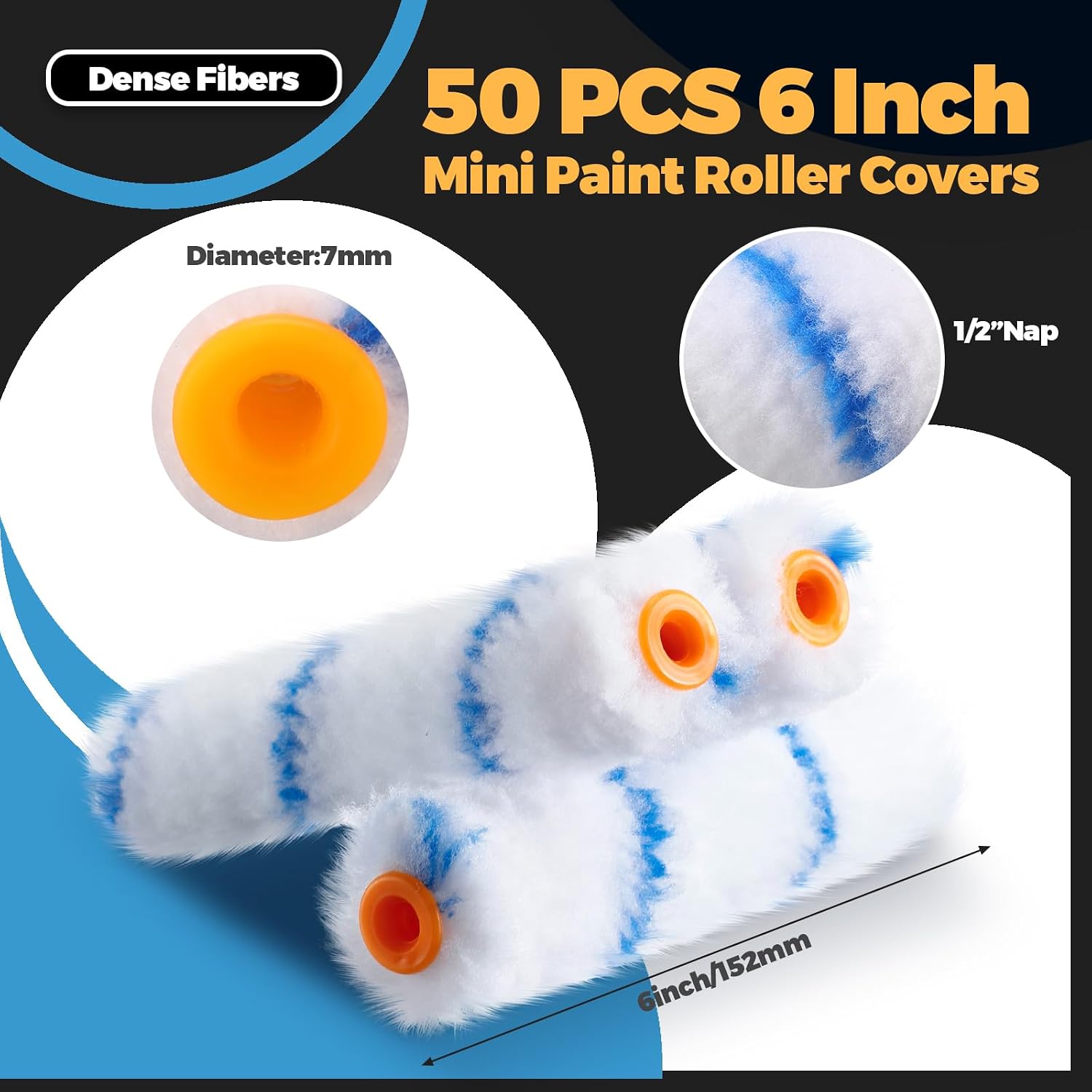 Leumoi 50 Pcs 6 Inch Microfiber Mini Paint Rollers, Blue & White | High Density Microfiber Paint Roller Covers, Painting Supplies, for Home Wall Cabinets Ceilings