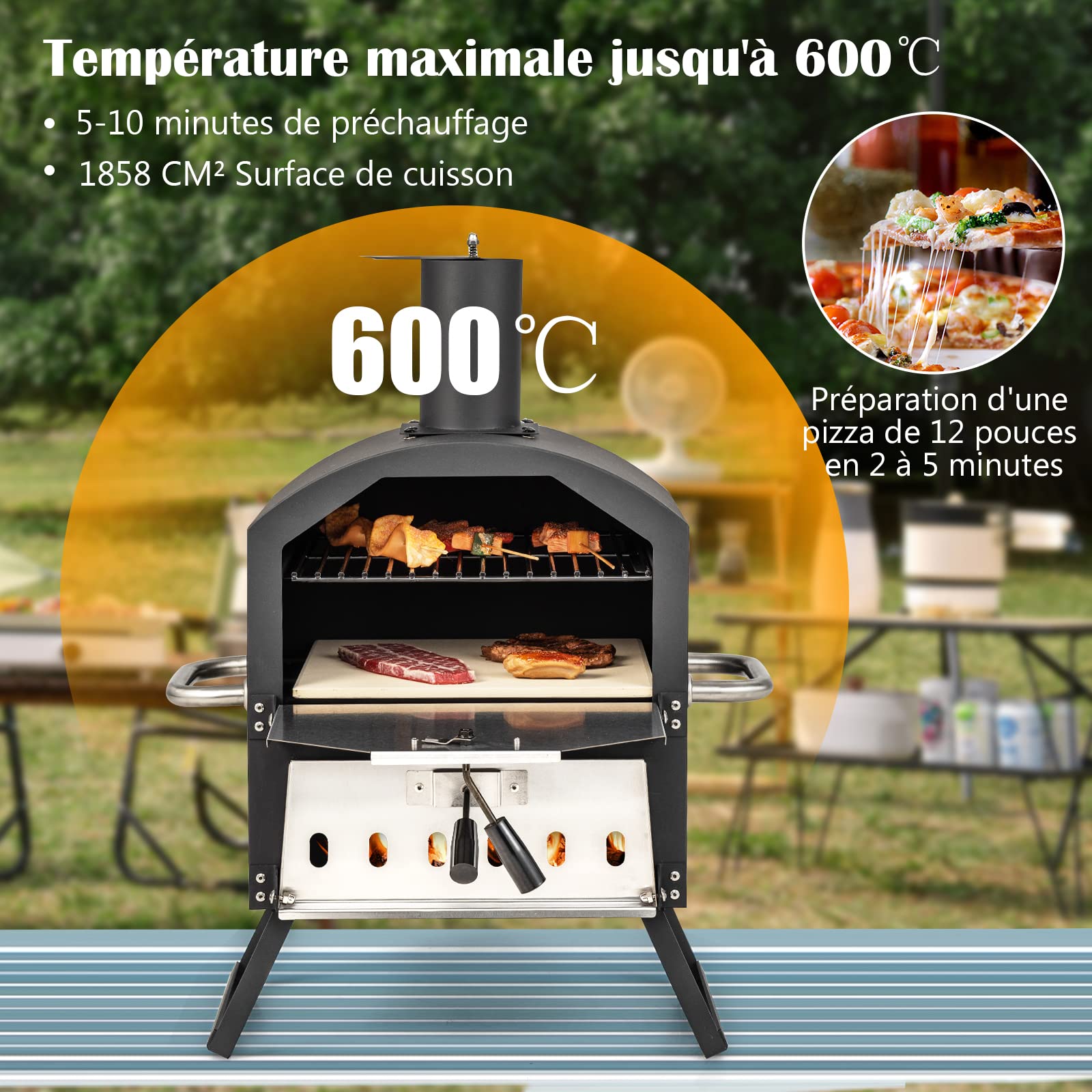 GYMAX Four à Pizza Extérieur Mini au Bois avec Pierre à Pizza, Pelle à Pizza, Jambes Pliantes et Poignées Portables