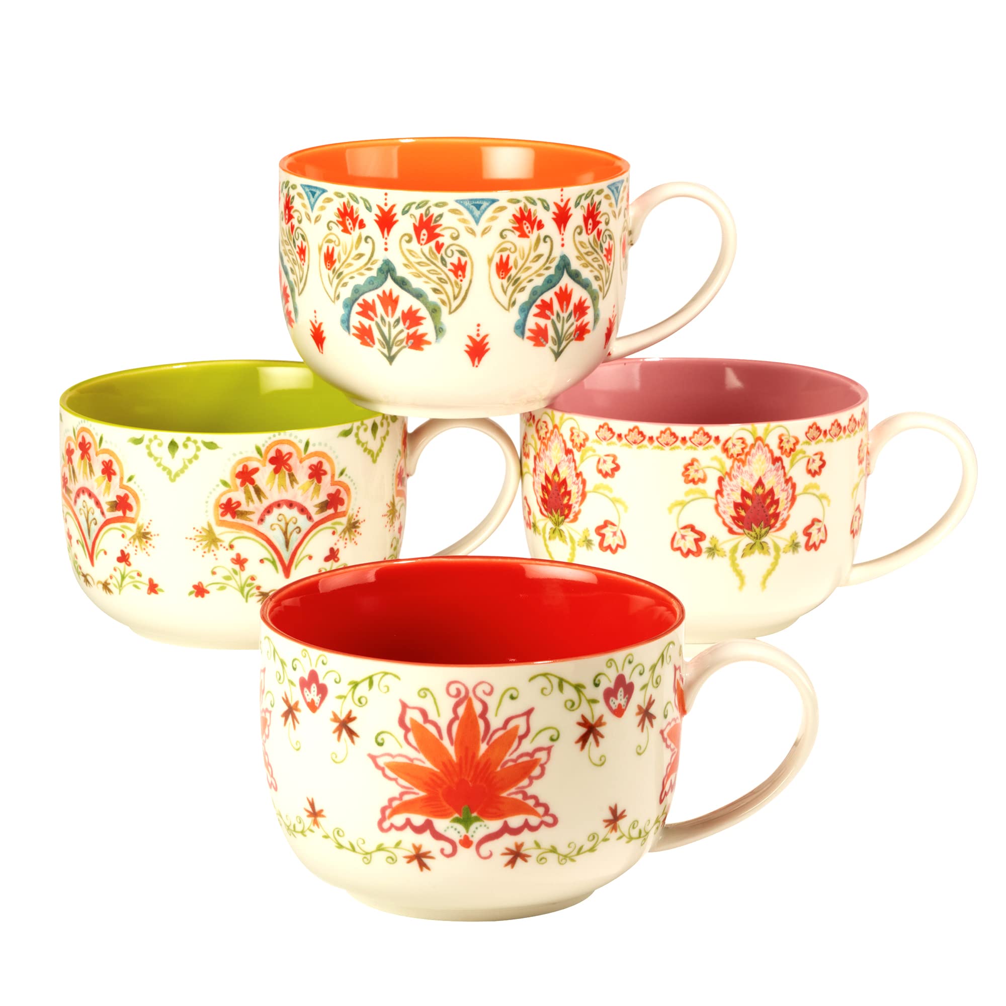 Francesca 28 oz. Jumbo Porcelain Cups – Set of 4 Assorted Floral Designs – Microwave & Dishwasher Safe – Oversized Mugs for Soup, Lattes, Cappuccino, Cereal, or Cozy Hot Drinks in Colorful Style