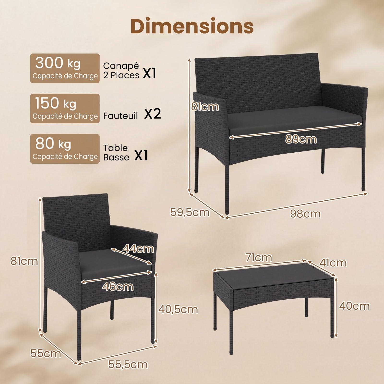 COSTWAY Ensemble Salon de Jardin 4 Pièces en Résine, Mobilier d'Extérieur avec 2 Fauteuils Canapé 2 Places Table Basse Plateau en Verre Trempé Coussins Amovibles, pour Terrasse Jardin (Noir+Noir)