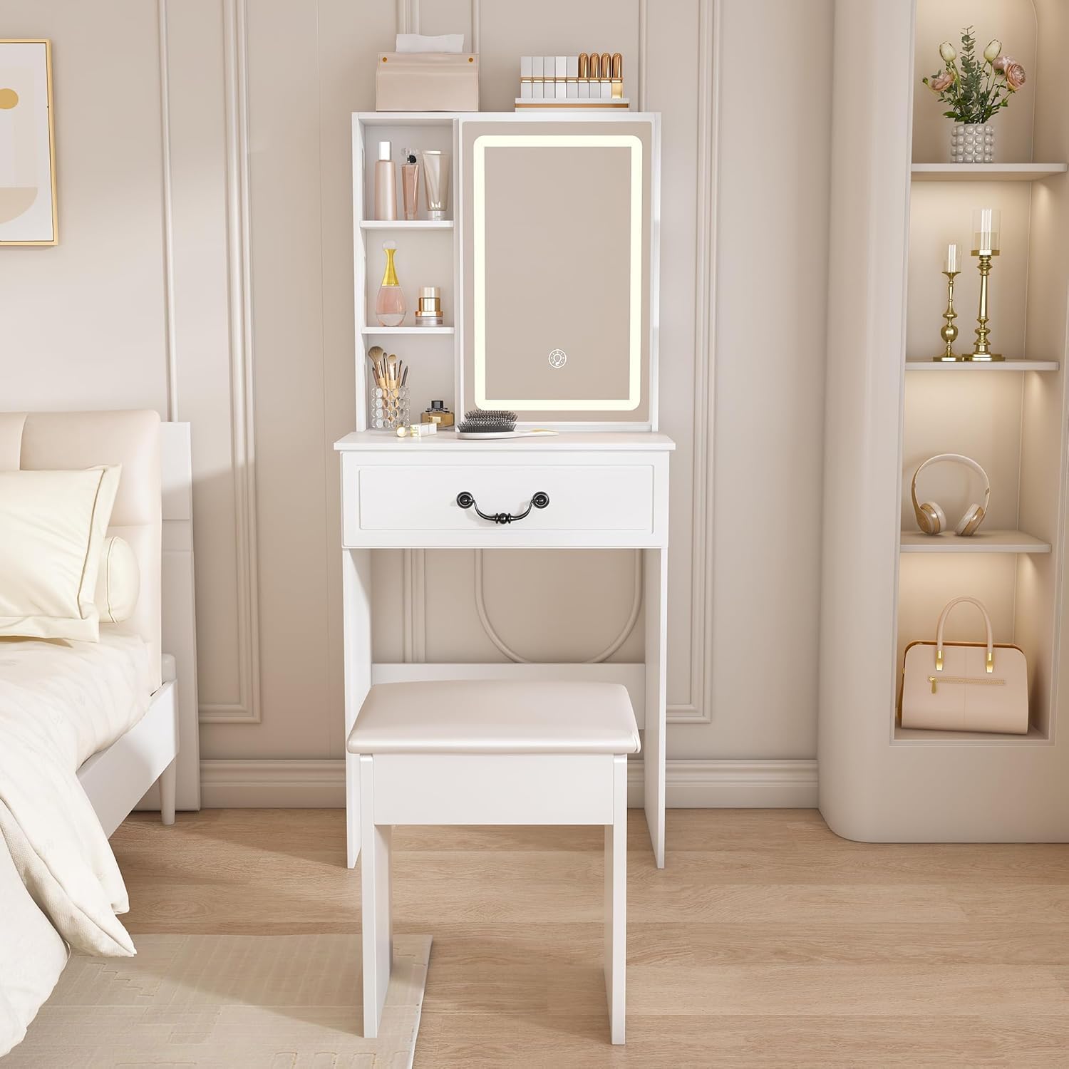 Vanity Desk with Mirror and Lights - Small Makeup Vanity Table Set with Power Outlet, Storage Drawers & Chair, 3 Lighting Modes & Adjustable Brightness, Dressing Table for Women Girls Bedroom