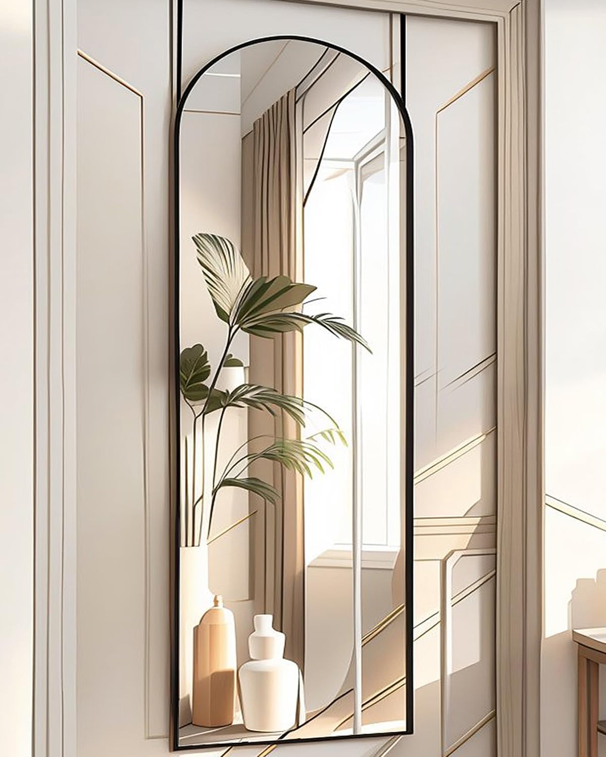 Full Length Mirror Over The Door, 16x50 Inch Arched Vertical Wall Mirror for Full Body, Hanging Door Mirror, Black