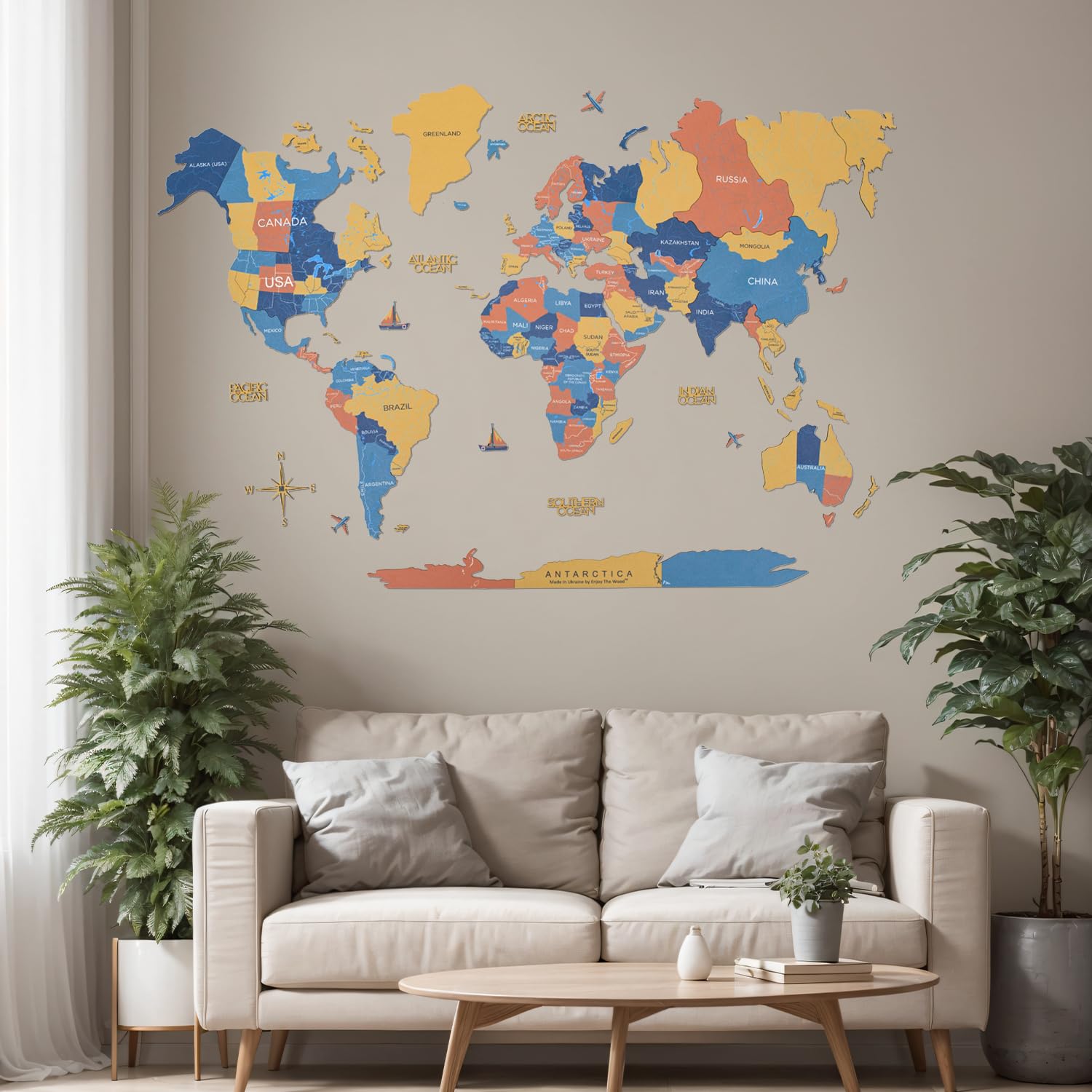 Enjoy The Wood - 2D Wooden World Map | Art Wall Decor | Elegant Wall Art for Living Room, Office, and Bedroom | Home Decor & Room Decoration | Handmade Wood Wall Art (Indie, S (73 x 49 cm))