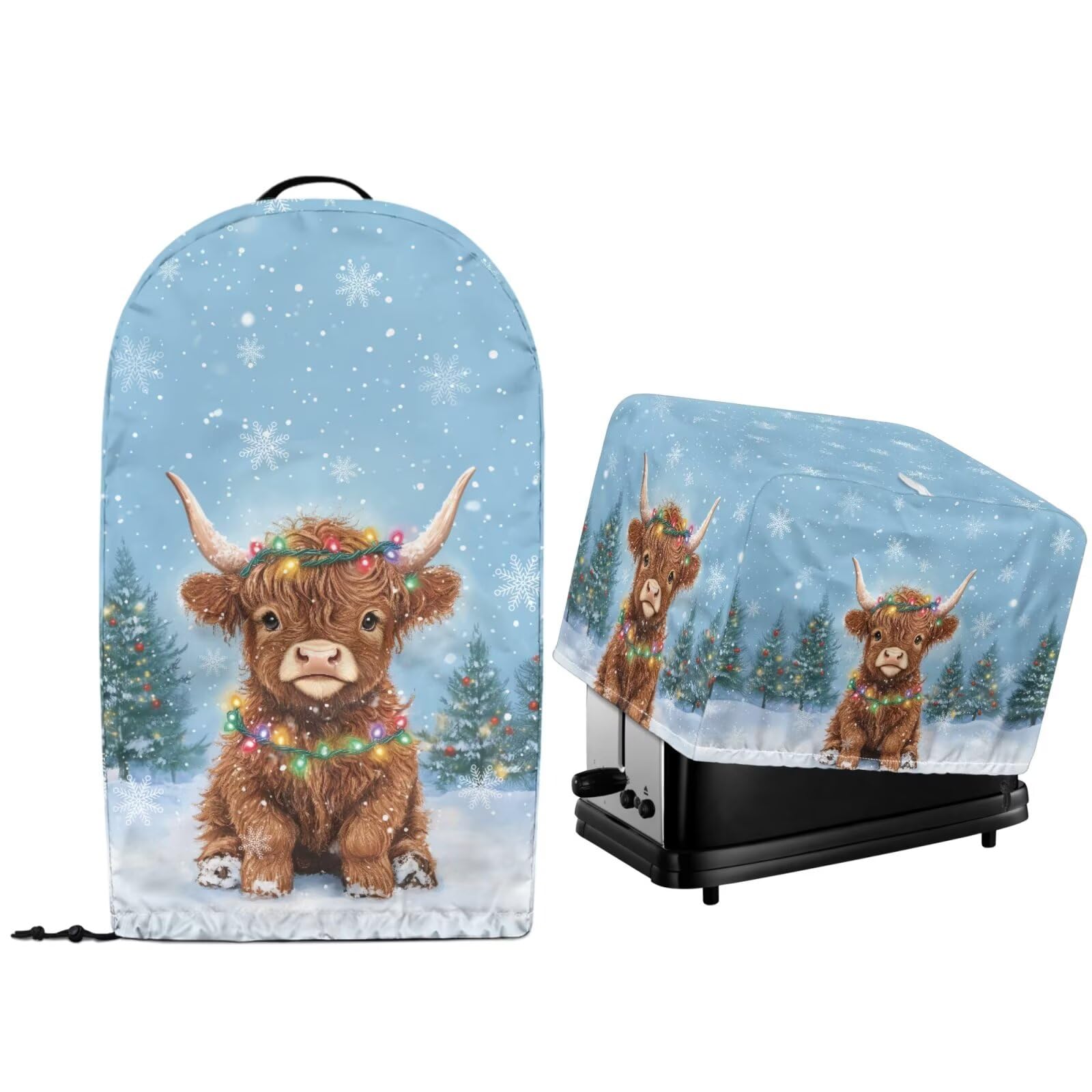 Christmas Highland Cow 2 Pcs Kitchen Appliance Dust-proof Protector Covers for Toaster Maker Oven and Countertop Stand Mixer Blender Dust Cover with Drawstring Hem