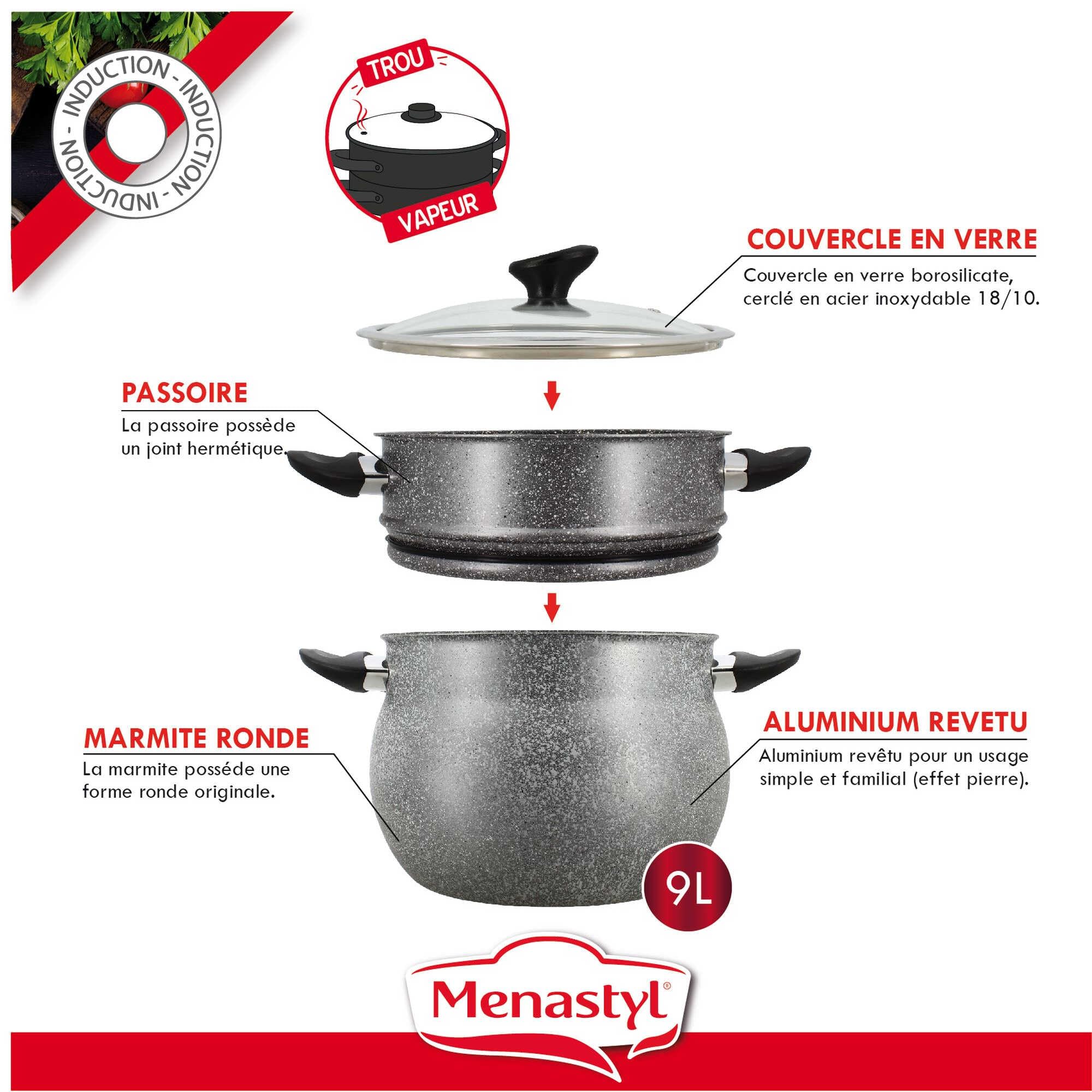 MENASTYL - Couscoussier 9L avec couvercle - Compatible tous feux dont induction et lave-vaisselle - 6020033