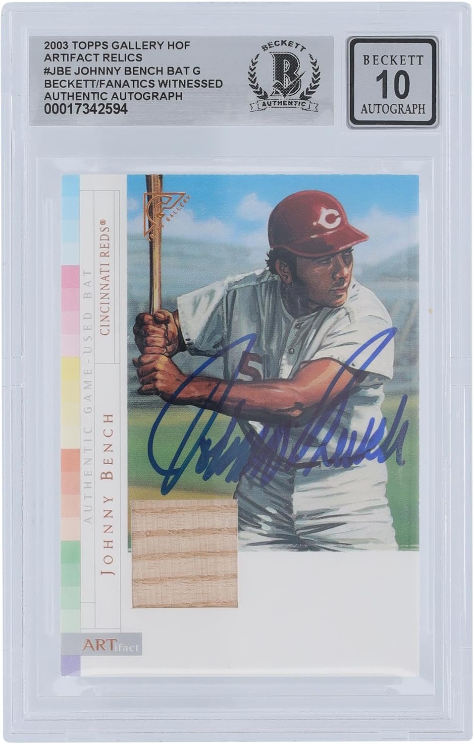 Johnny Bench Cincinnati s Autographed 2003 Topps Gallery Artifacts Bat Relic #AR-JBE Beckett Fanatics Witnessed Authenticated 10 Card - Baseball Slabbed Autographed Cards