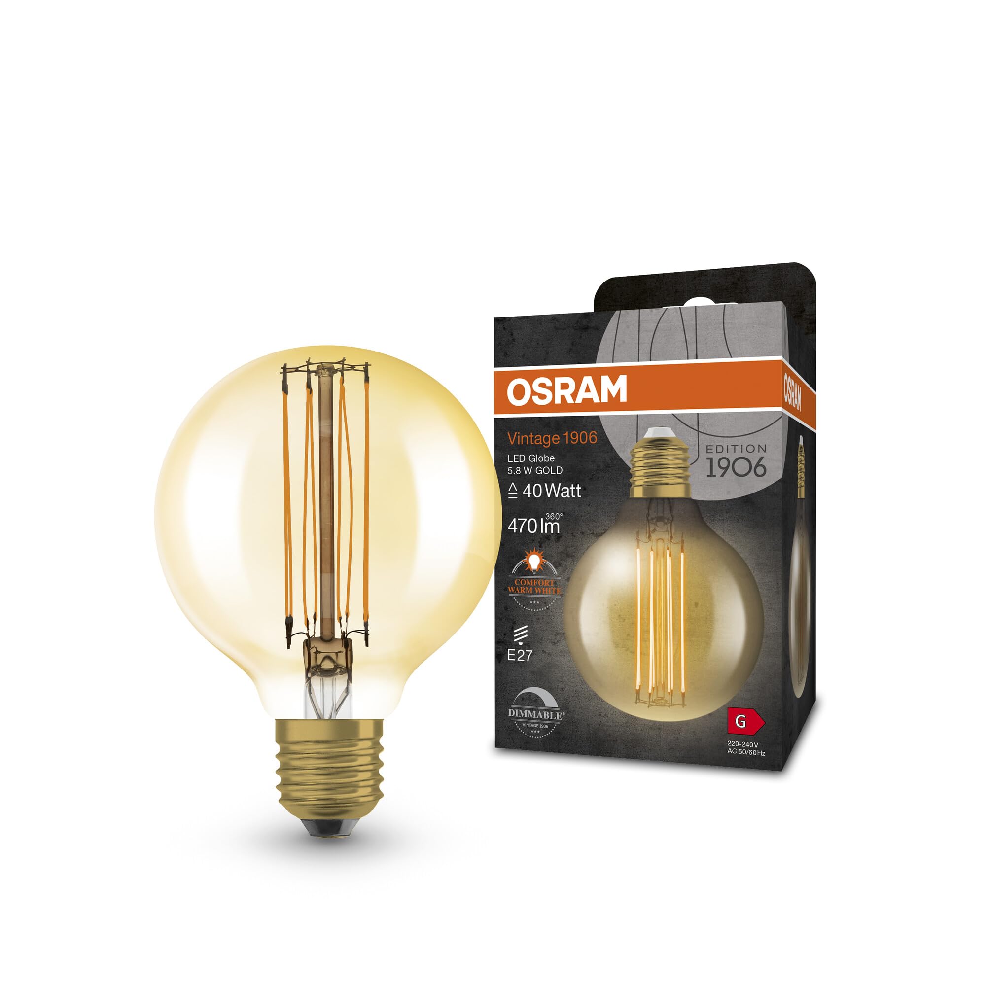 OSRAM Vintage 1906 Led Lamp with Gold Tint, 5.8W, 470Lm, Ball-Shape with 80Mm Diameter and E27 Socket, Warm White Light Color, Straight Filament, Dimmable, Up to 15,000 Hours of Service Life