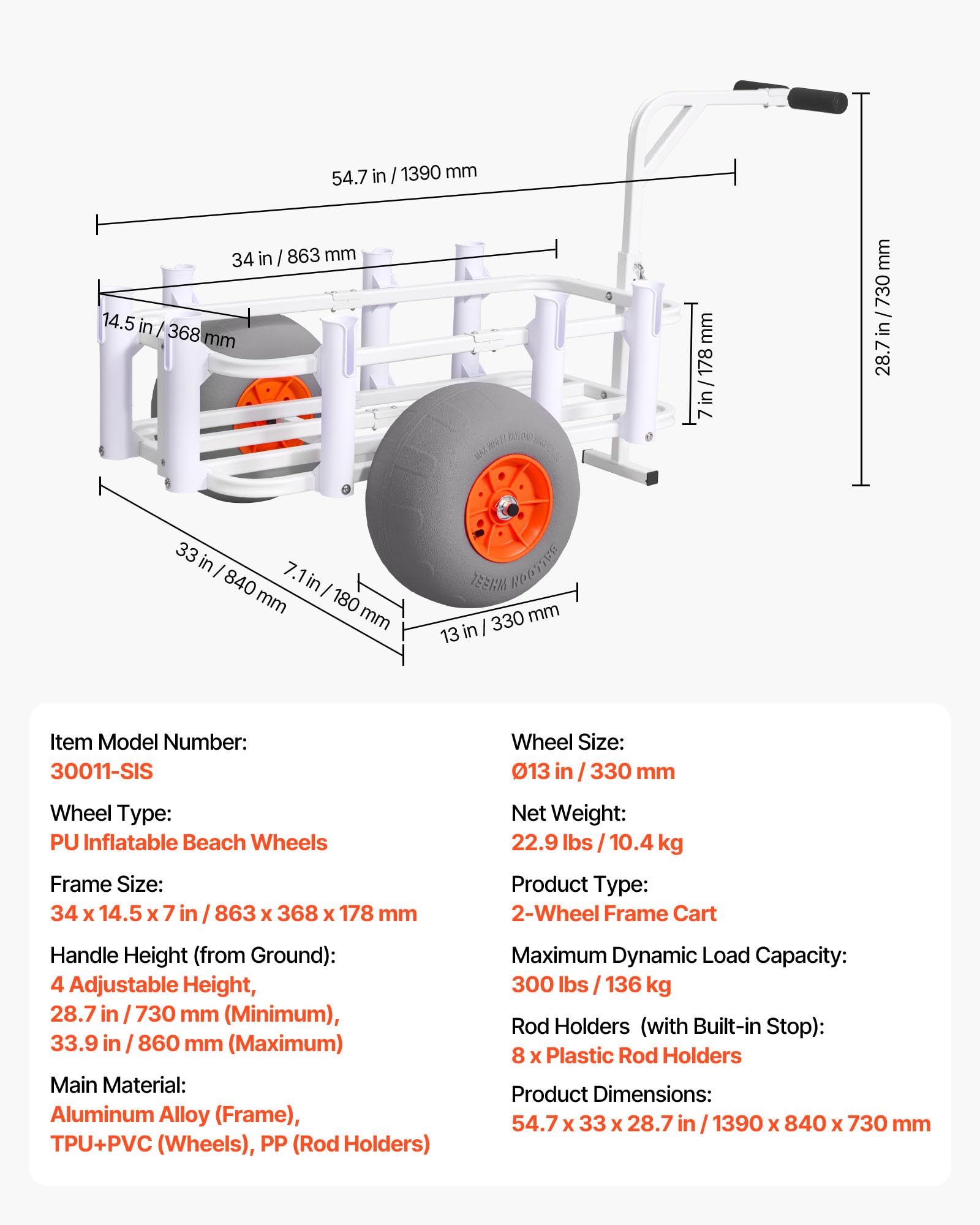 VEVOR Carrello da Pesca da Spiaggia, Capacità di Carico 136 kg, Carrello da Pesca Smontabile, Telaio in Lega di Alluminio, Ruote da 33 cm, 8 Portacanne, Facile da Pulire, per Attività Outdoor, Picnic