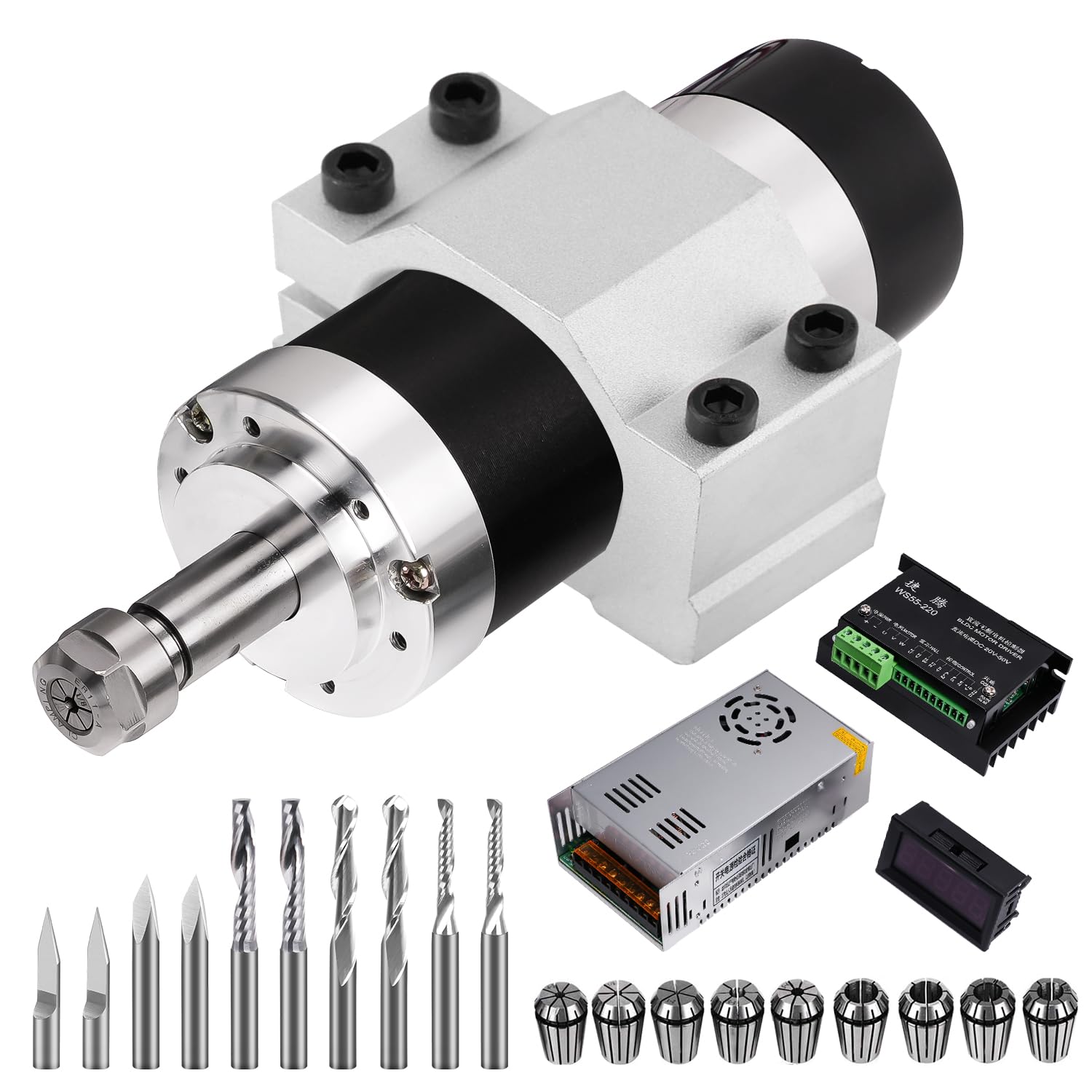 CNC Spindle,500W CNC Brushless Motor Kit,48VDC,12000RPM Air-Cooled,Adjustable BLDC Driver, Clamp Mount with 1mm-7mm & 1/8" 1/4" Collets for CNC Router Machine and DIY Router Milling