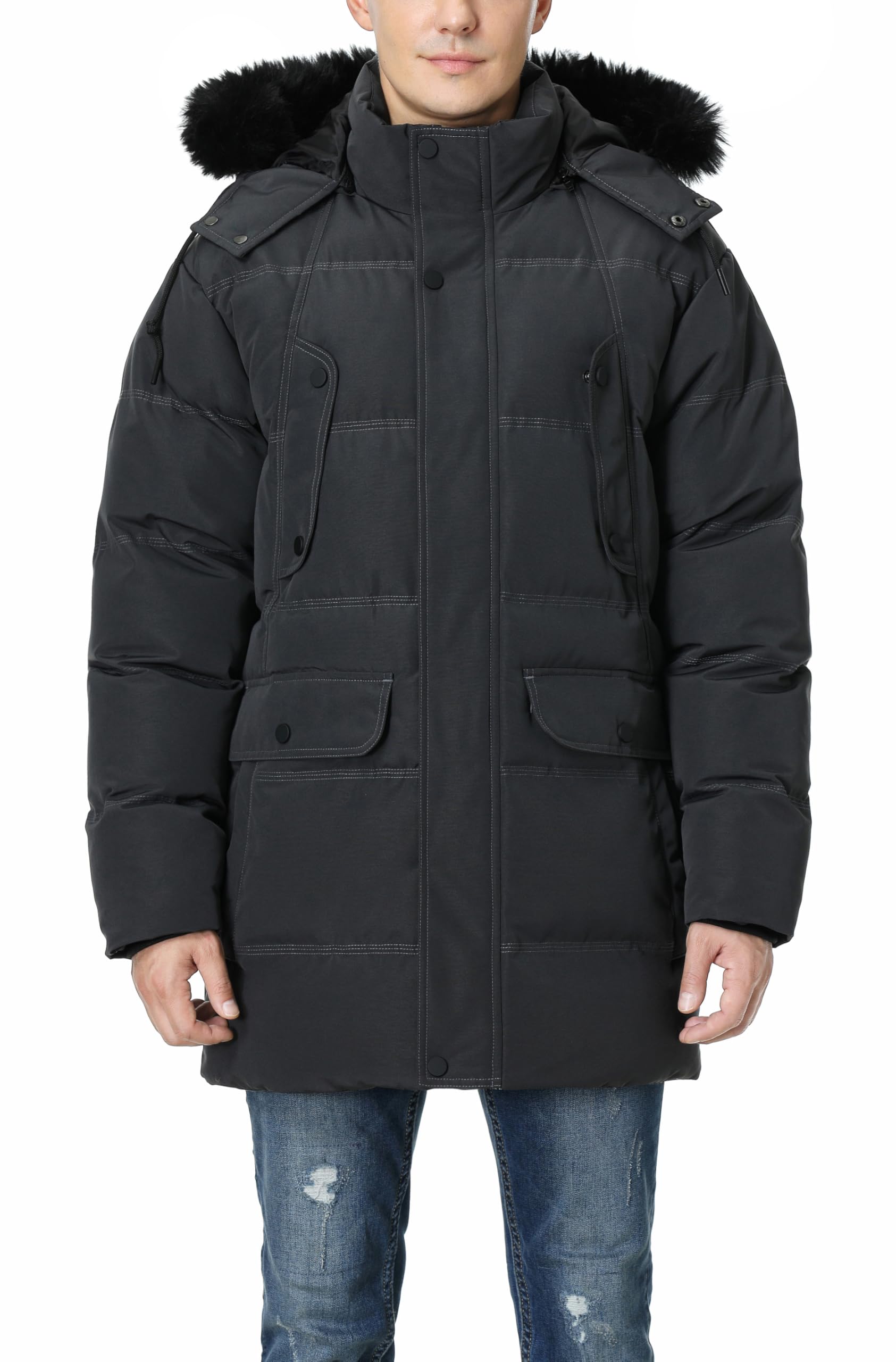 Pooluly Men's Winter Coat with Detachable Hood Heavyweight Long Down Jacket Warm Puffer Parka Jacket Dark Grey S