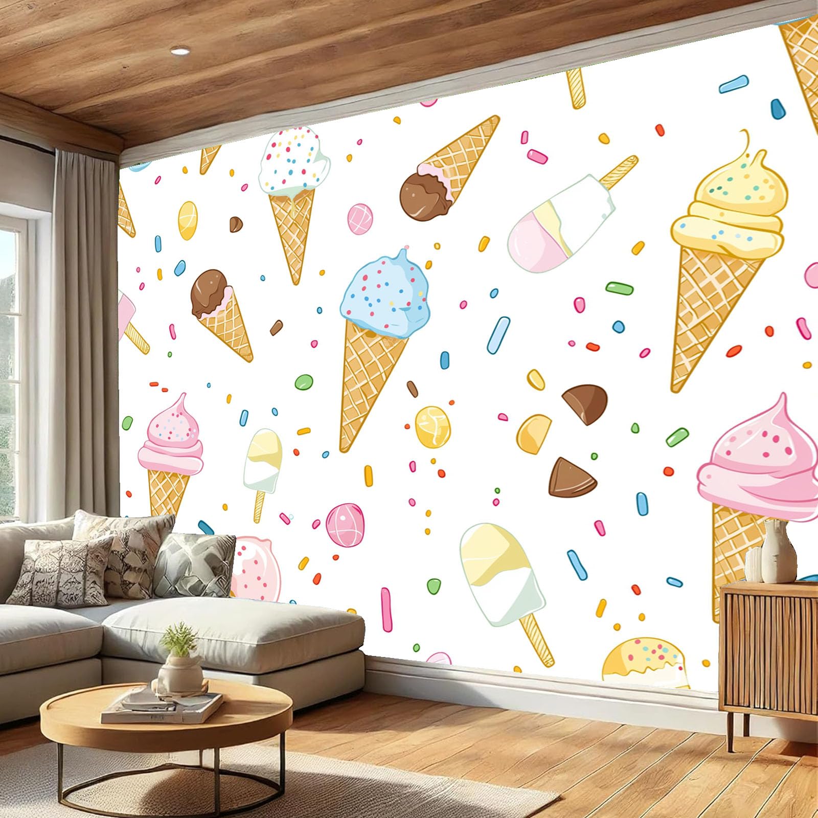 Carta Da Parati Cono Gelato, Stile Cartone Animato Carinomurale, 350×256Cm Ristorante Soggiorno Tv Parete Camera Letto Decorazione Della Parete Murali, Bianco
