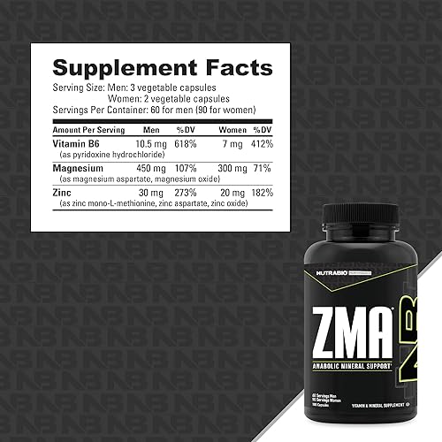 Miniatura 9 de NutraBio ZMA Suplemento vegetal - Apoyo mineral anabólico - 90 cápsulas - Recuperación, crecimiento, sueño - Fórmula de zinc, magnesio y B6