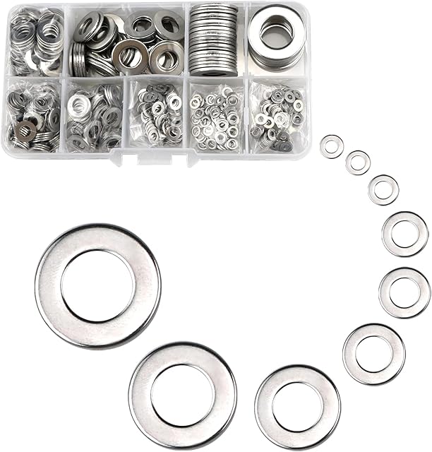 Metal Flat Washers, 600 Pcs Stainless Steel Washers Assorted Set, Metal Round Washers Kit, 9 Types Of Washers For Bolts And Screws(M2/M2.5/M3/M4/M5/M6/M8/M10/M12/mm) (Silver)