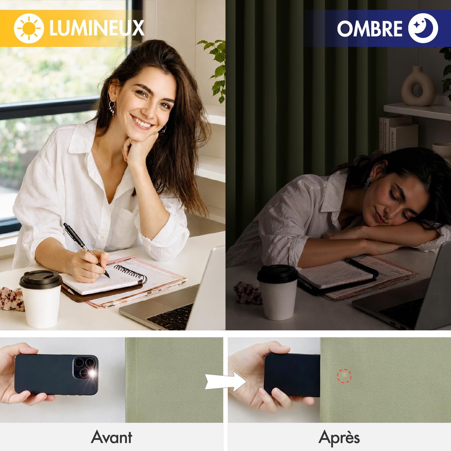 Woaboy Rideau occultant Galon fronceur 2 Pièces L140 H200 Vert Sauge | Rideau totalement occultant, isolant chaud et froid, atténue les bruits, équipé d'un galon fronceur pour salon et chambre