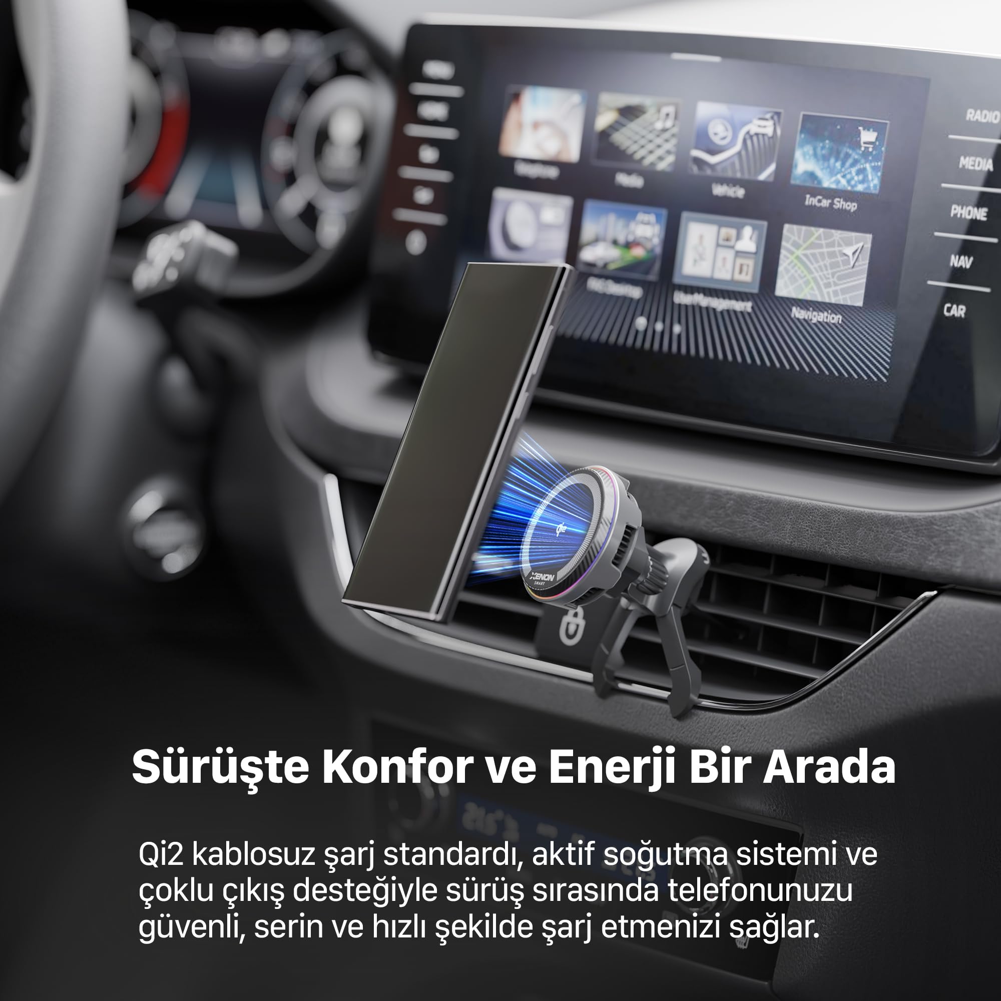 Xenon Smart Qi2 Kablosuz Araç Şarjı ve Tutucu | 15W Aktif Soğutma Fanı 48W Hızlı Şarj Adaptörü 360° X6416