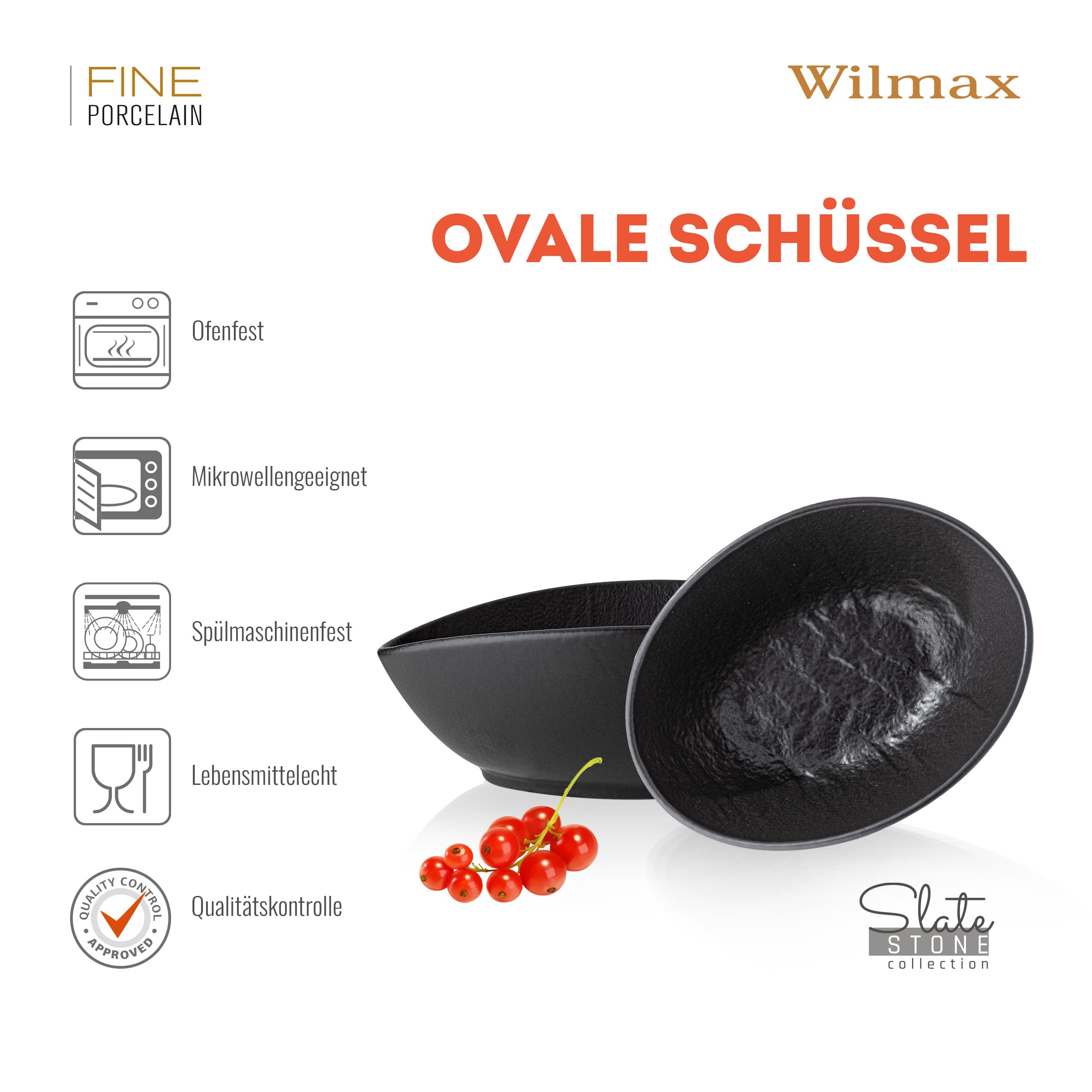 Wilmax | Schale - 6 Stück | Porzellan | Schwarz | Für eine Vielzahl von Gerichten | Backofengeeignet | Spülmaschinenfest | Natursteinimitat | Widerstandsfähig | Handglasiert | Ideal als Set
