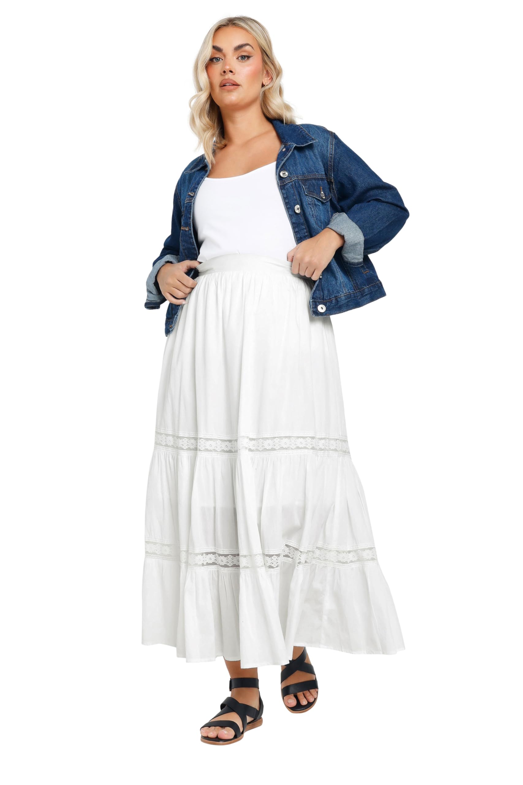 Yours Women's White Curve Cotton Tiered Maxi Skirt - Plus Size Curve