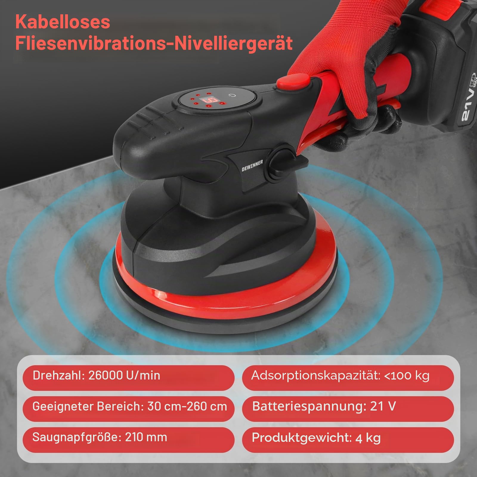 DEWINNER Fliesenvibrator, Fliesenmaschinen 6 Gänge Einstellbar, Fliesenrüttler mit akku Vakuum Saugheber für 0,3-2m Fliesen, 120kg Adsorption (Mit 2 Akkus und LCD-Display)