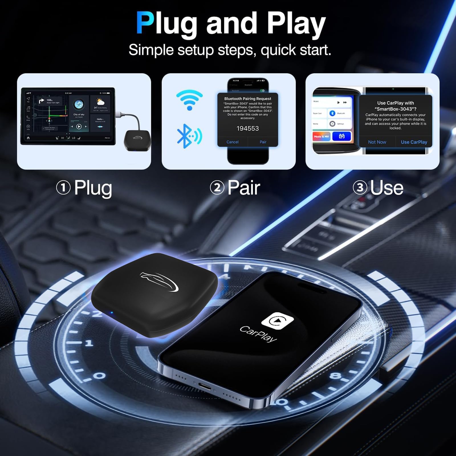 Carplay Wireless Adapter for Factory Wired CarPlay 2024 Upgrade Plug & Play 5.8GHz WiFi Bluetooth Auto Connect CarPlay Dongle Converts Wired to Wireless for Cars from 2015 & iPhone iOS 8+