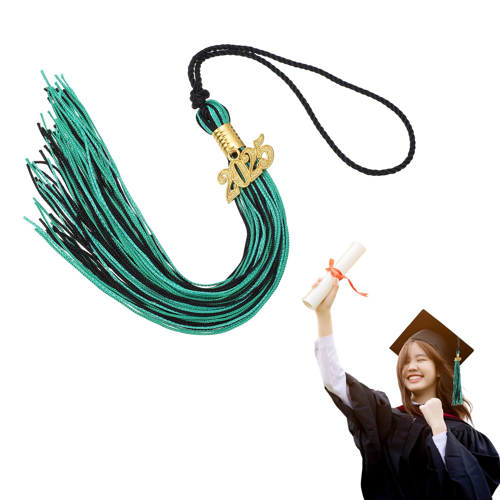 MECCANIXITY Graduation Tassel 2025, Green Black Tassels with 2025 Year Gold Date Charms Academic Graduation Charm Cap Decorations Party Decorations