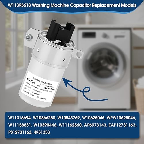 Miniatura 3 de W11395618 Condensador de funcionamiento del motor 50uF 250VAC 5060Hz 10000AFC - Condensador de repuesto para lavadora para 4931353, PS12731163,