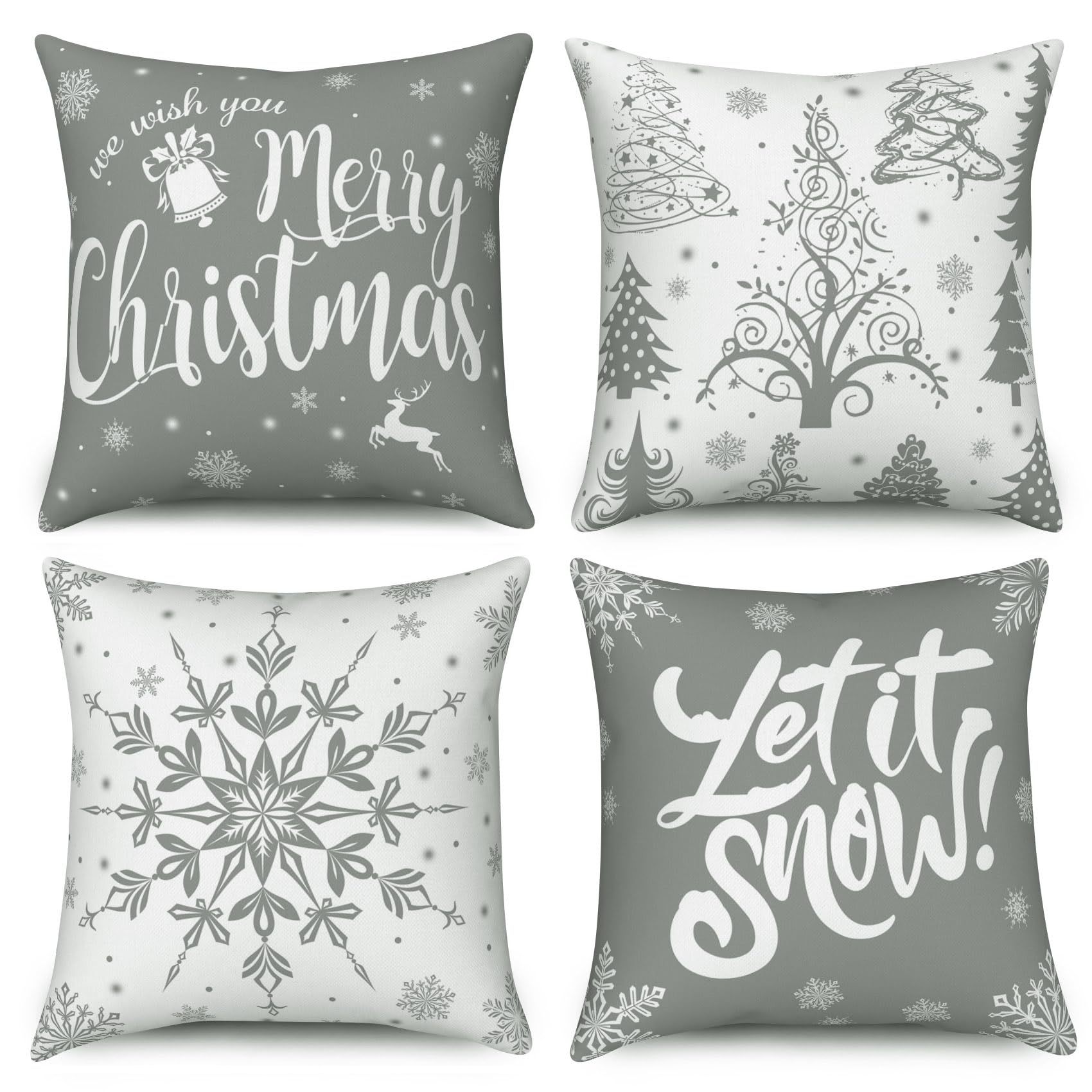 Hnmdmyi Christmas Cushion Covers 50 x 50 cm Set of 4, Merry Christmas Tree Snowflake Farmhouse Winter Holiday Decorative Throw Pillow Covers Grey Linen Pillowcases for Sofa Couch Outdoor Home Decor