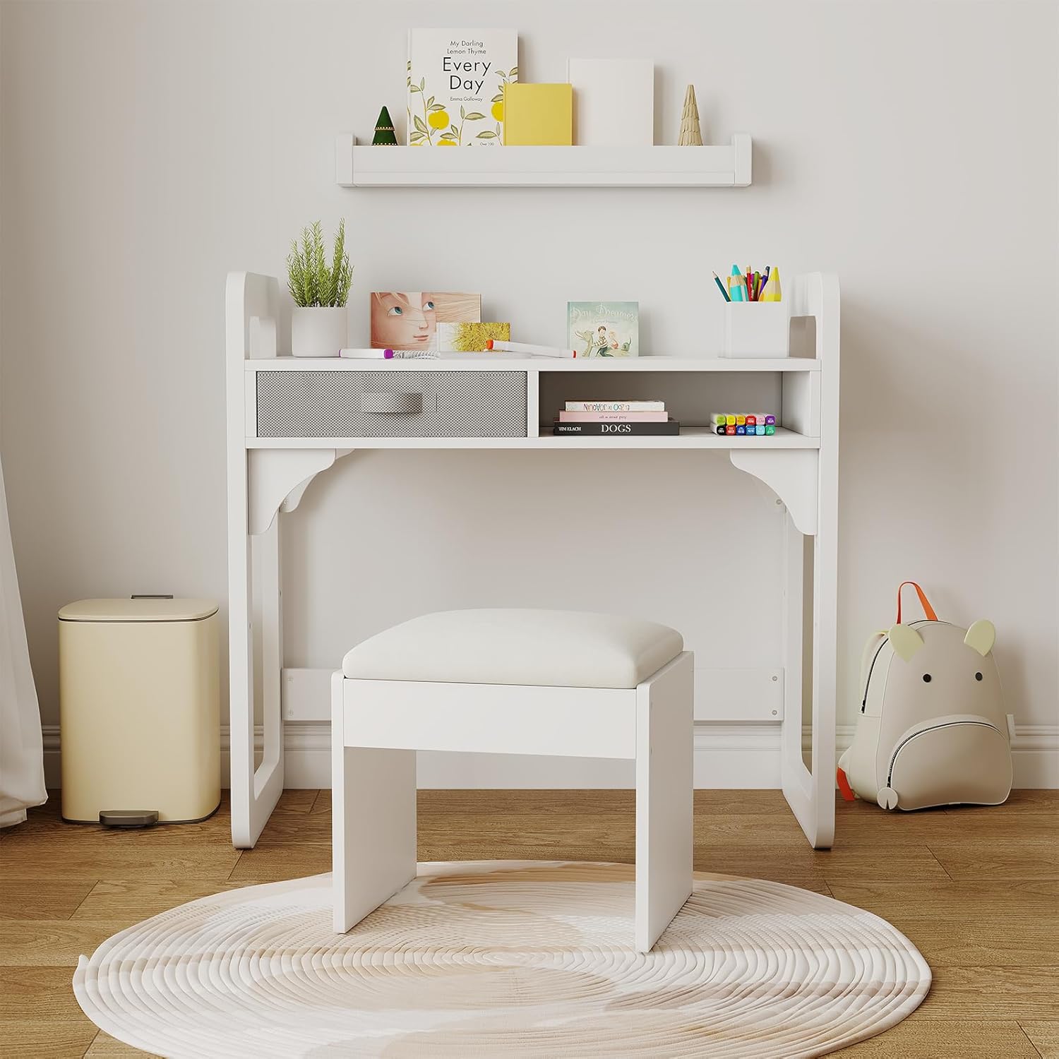 Garvee Kids Desk and Chair Set, Study Desk for Boys and Girl, Wooden Kids Writing Table with Cloth Drawers and Pen Holder, White