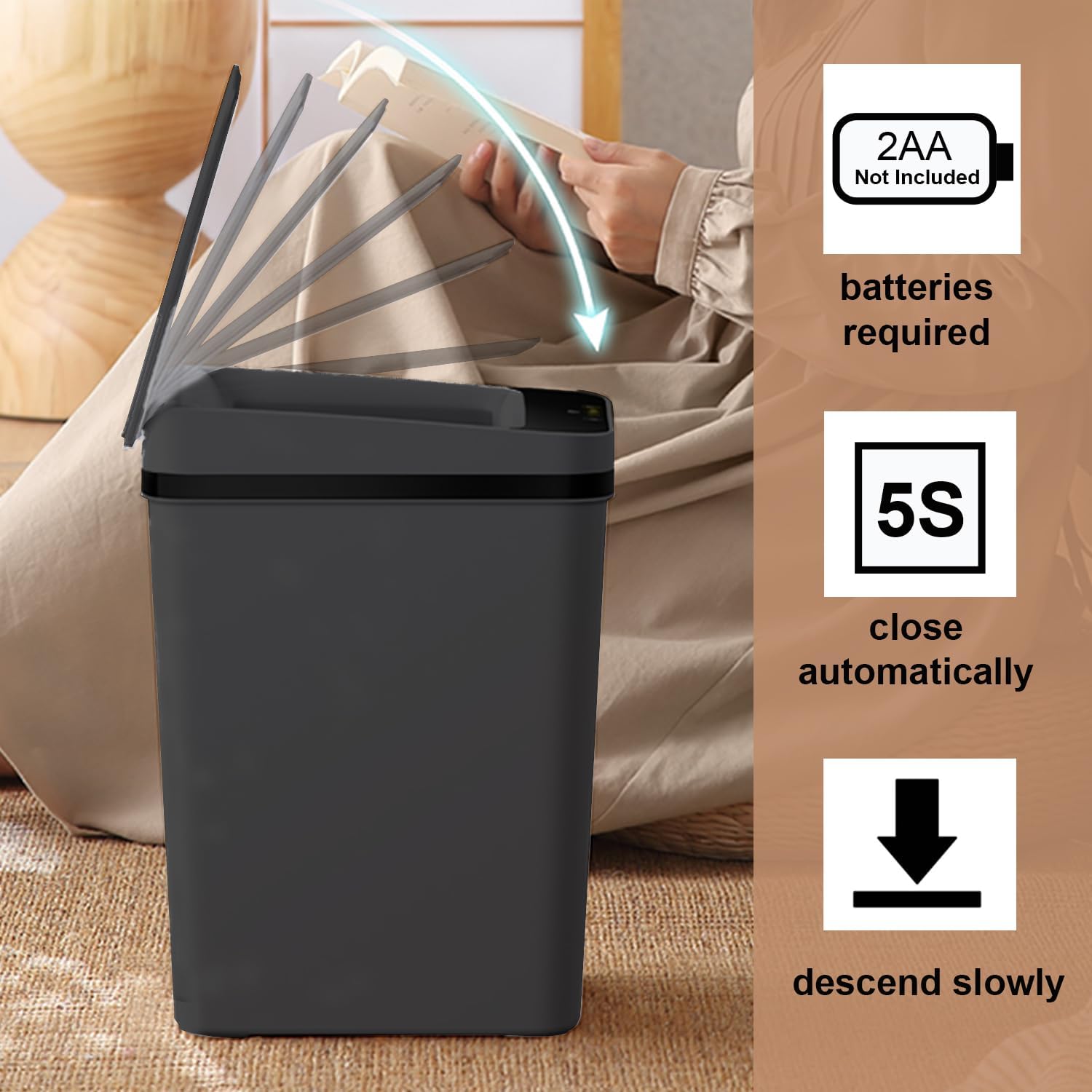 Black Slim Touchless Motion Sensor Trash Can with Lid