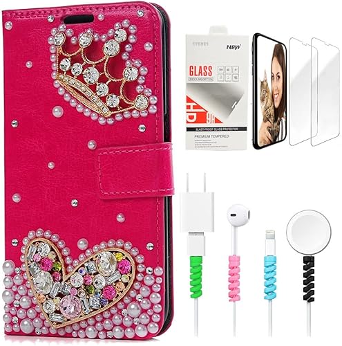 STENES Bling - Funda de piel con tapa para Samsung Galaxy S21 Ultra con diseño de corona en 3D hecha a mano con protector de pantalla y protector de