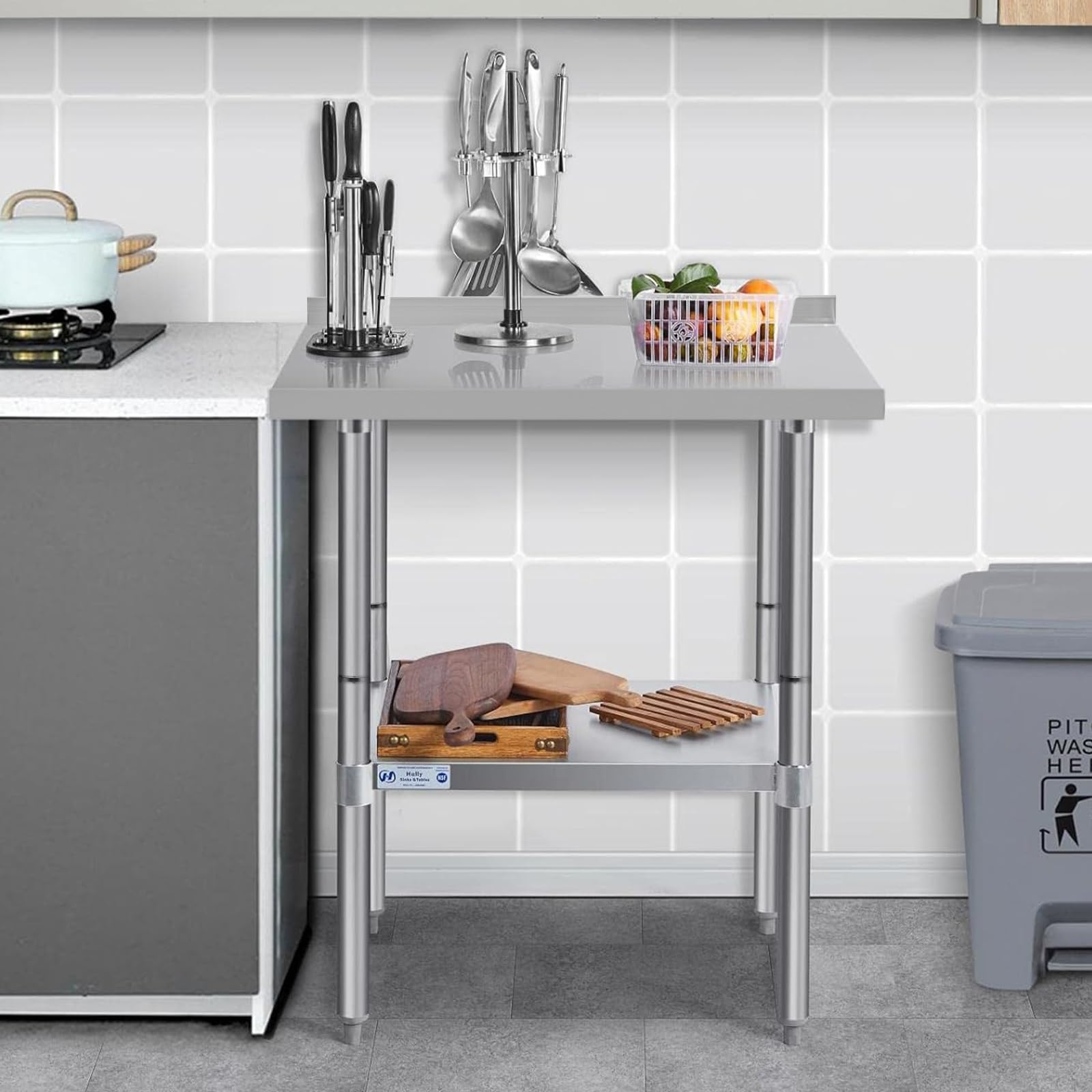 Hally - Mesa de acero inoxidable para preparación y trabajo, 24 x 24 pulgadas, mesa comercial NSF resistente con estante inferior y protector contra salpicaduras para restaurante, hogar y hotel