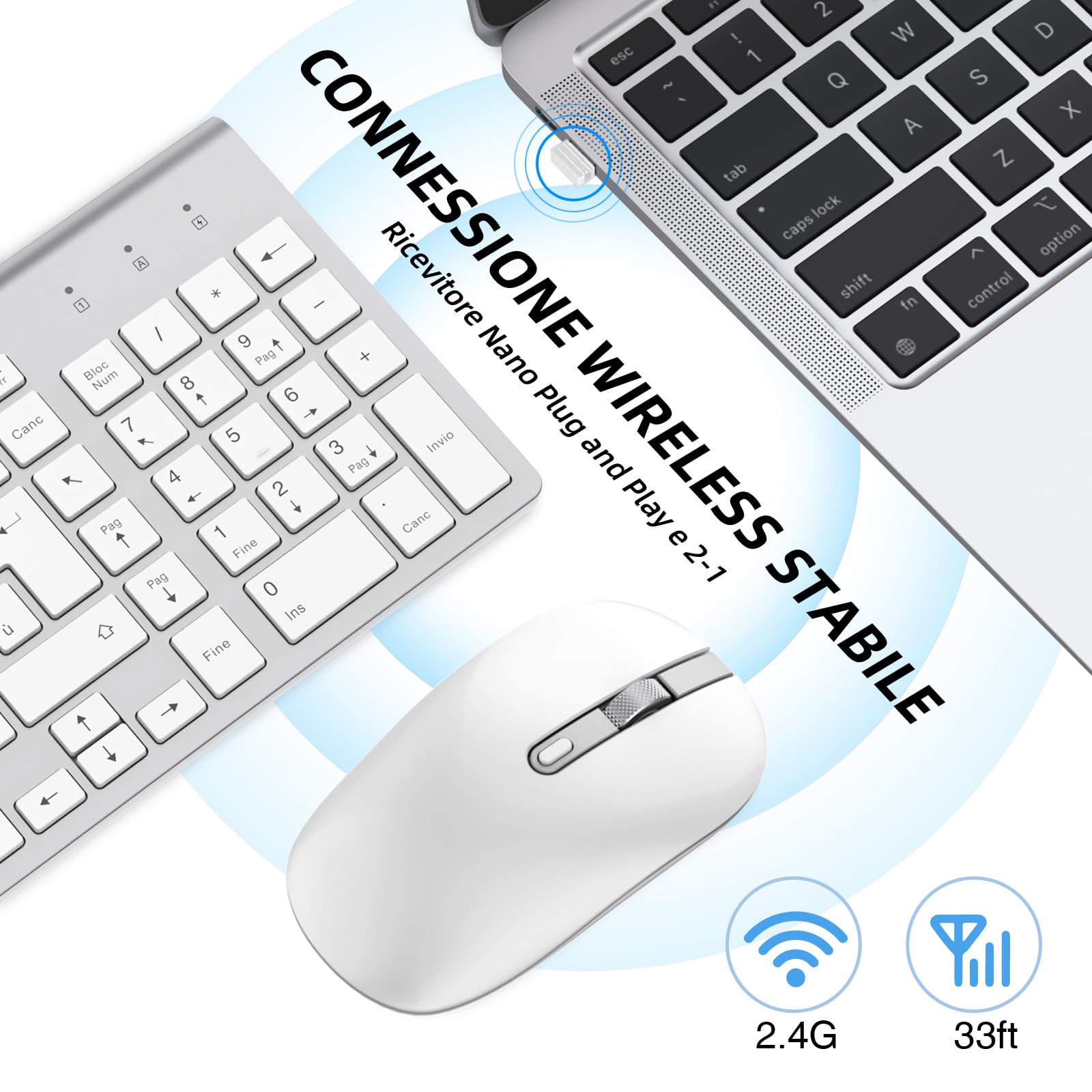 cimetech Tastiera e Mouse Wireless, Layout Italiano QWERTY, Tastiera Ultra-Sottile ‎Ergonomico Full-Size 2.4Ghz Wireless Mouse Tastiera Numerico con Ricevitore Nano per PC/Laptop/Win7/8/10（Argento）