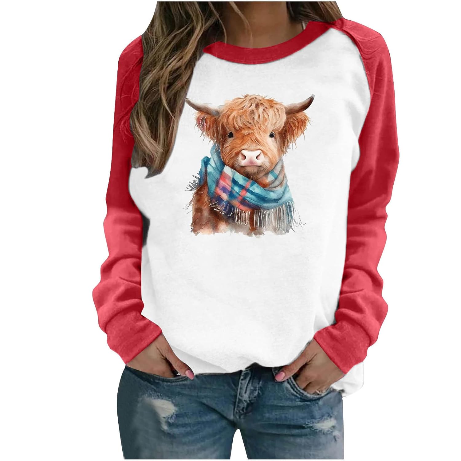 Womens Highland Cow Shirts Cute Animal Graphic Farm Pullover Sweatshirt Western Cowgirl Long Sleeve Casual Tops