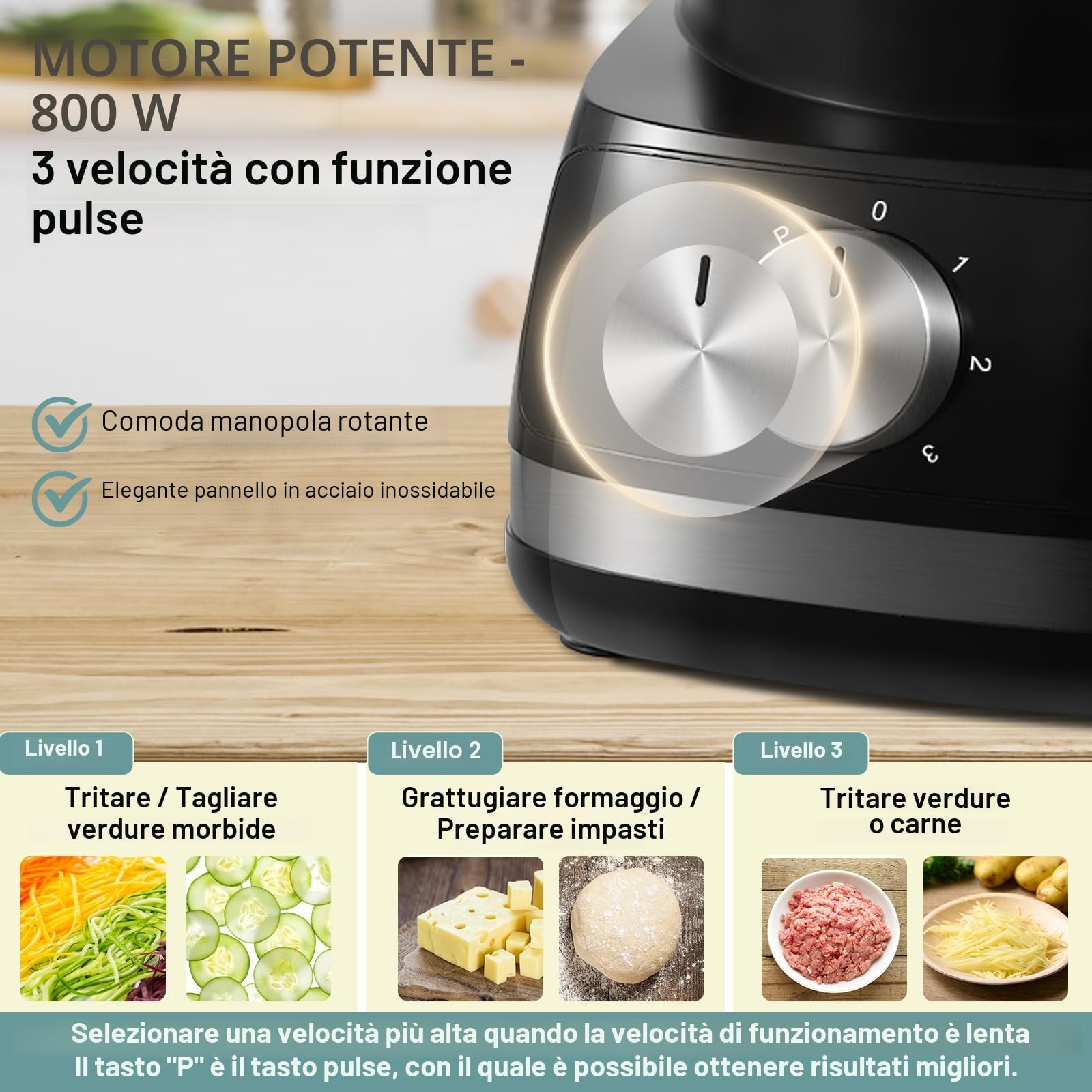 TopStrong Robot da Cucina, 800W Robot da Cucina Multifunzione, 2L Food Processor, 3 velocità Impostazione, con 3 dischi per il taglio a fette, tritatutto, impastatore, frusta,nero