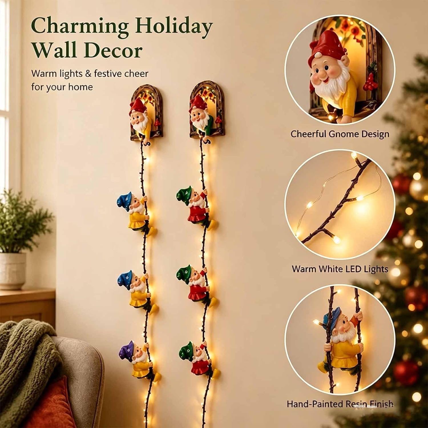 Cadena de Luces navideñas para gnomos, estatuas de gnomos trepadores con Cadena de Luces LED, para Colgar en la Pared, Divertida decoración de Pared de gnomos con Cuerda para Escalar